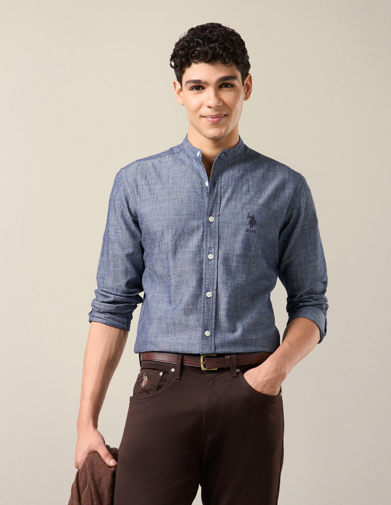 Heathered Twill Mandarin Shirt Indigo - U.S. Polo Assn. India | Large