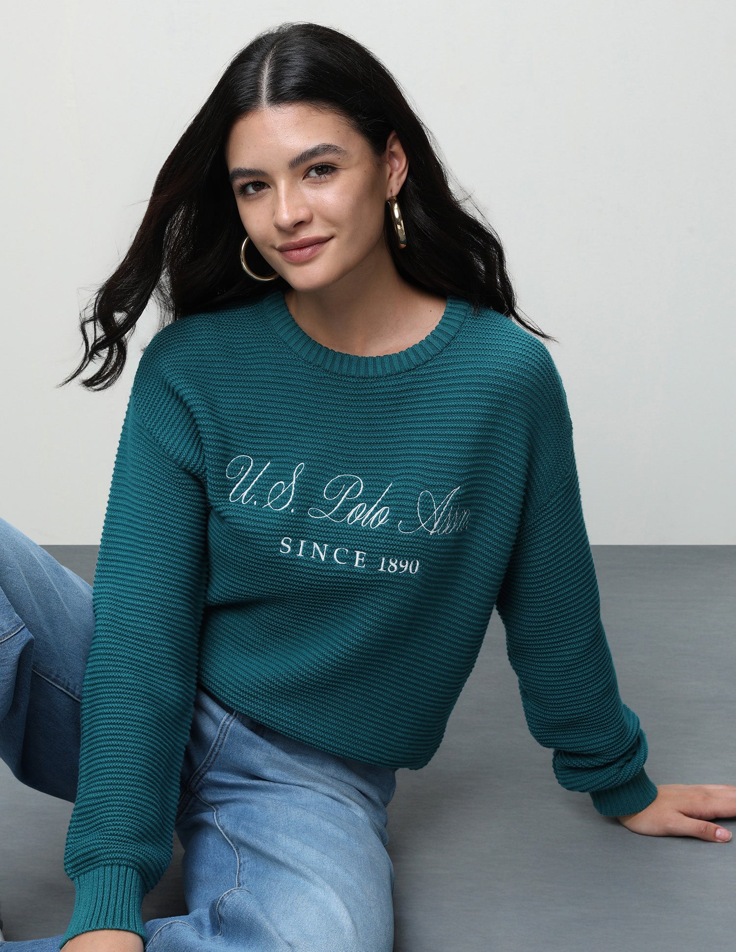 Brand Embroidered Regular Fit Sweater Teal - U.S. Polo Assn. India | Large