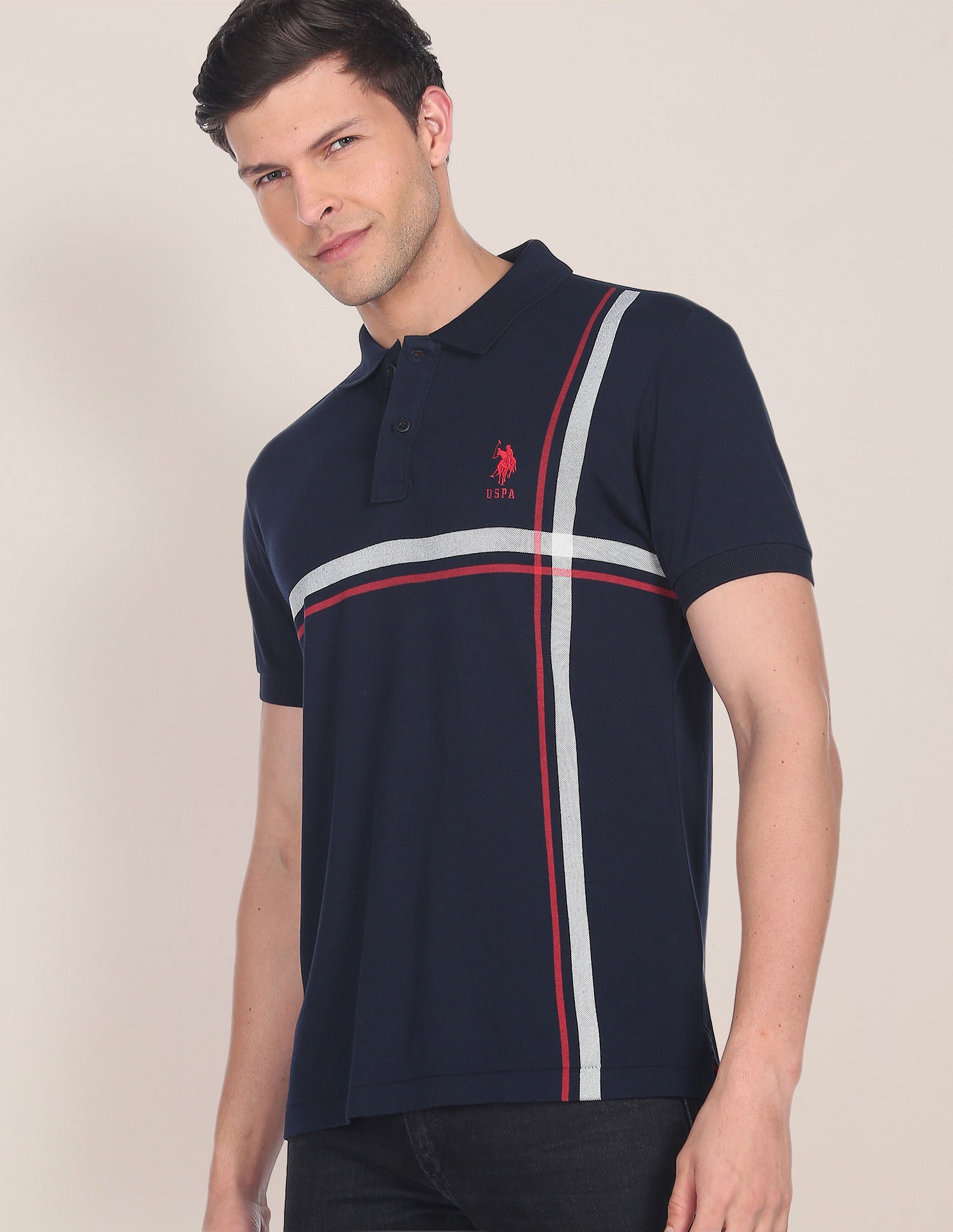 Offset Stripe Cotton Polo Shirt Navy - U.S. Polo Assn. India | Large