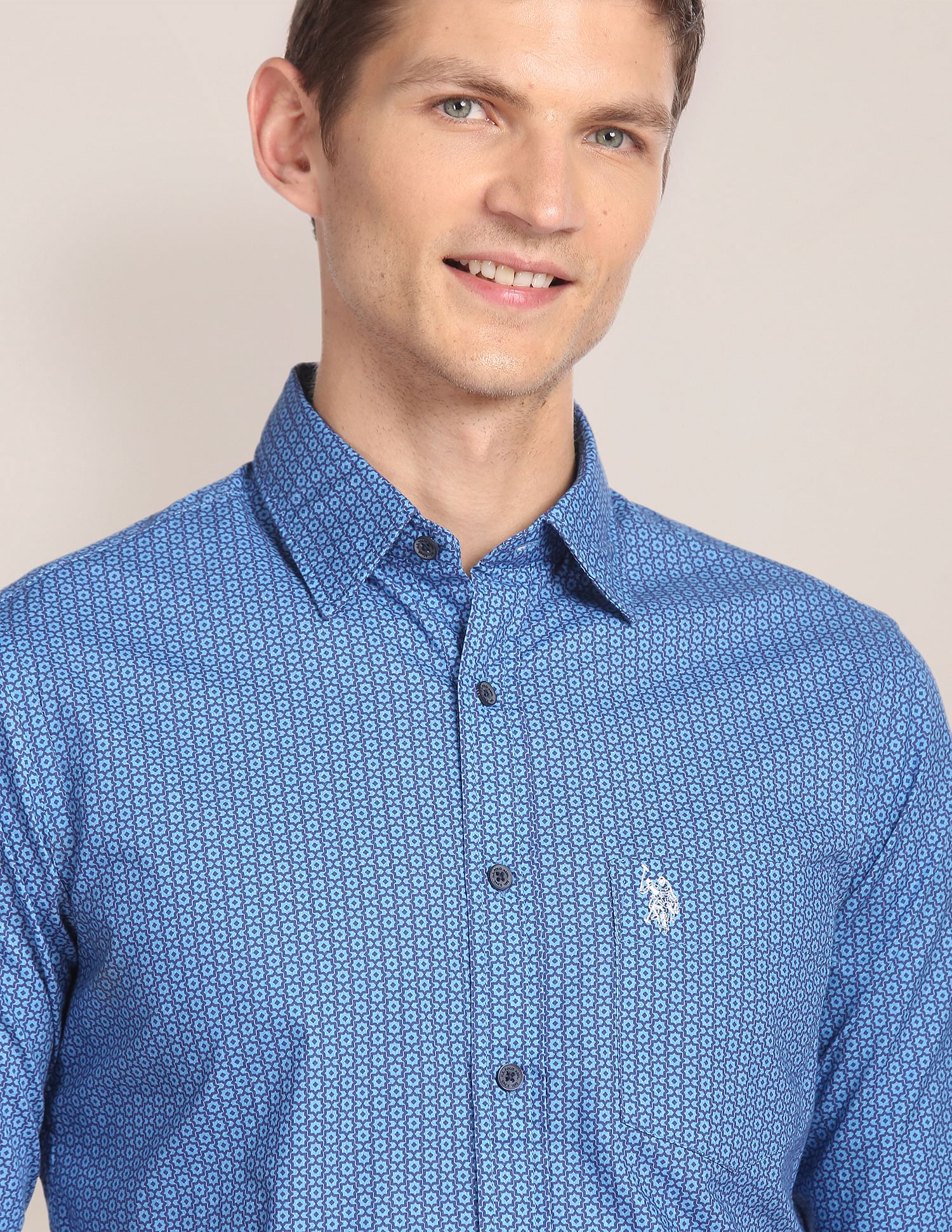 Spread Collar Printed Casual Shirt Blue - U.S. Polo Assn. India | Large