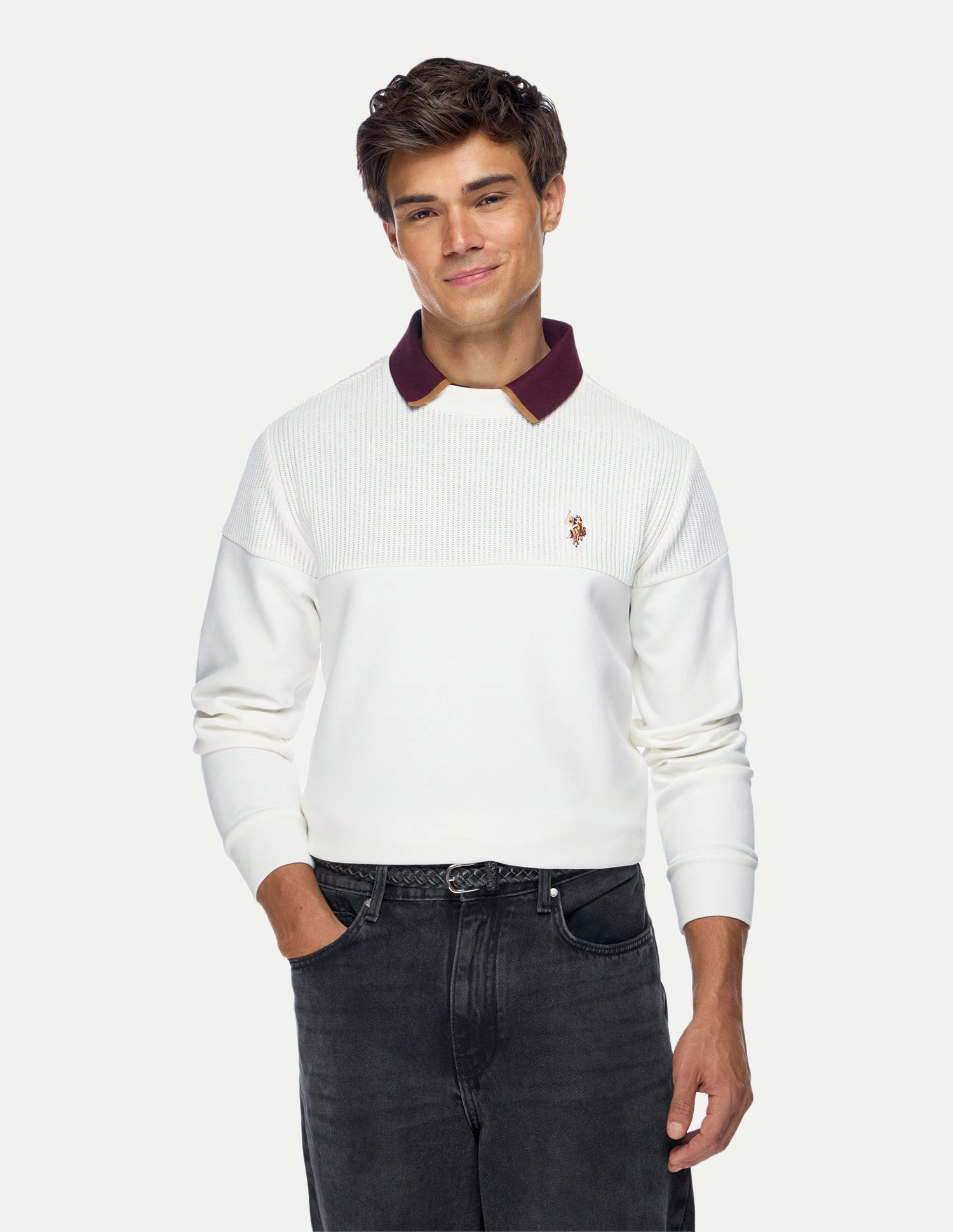 Patterned Knit Regular Fit Sweatshirt Ivory - U.S. Polo Assn. India | Large