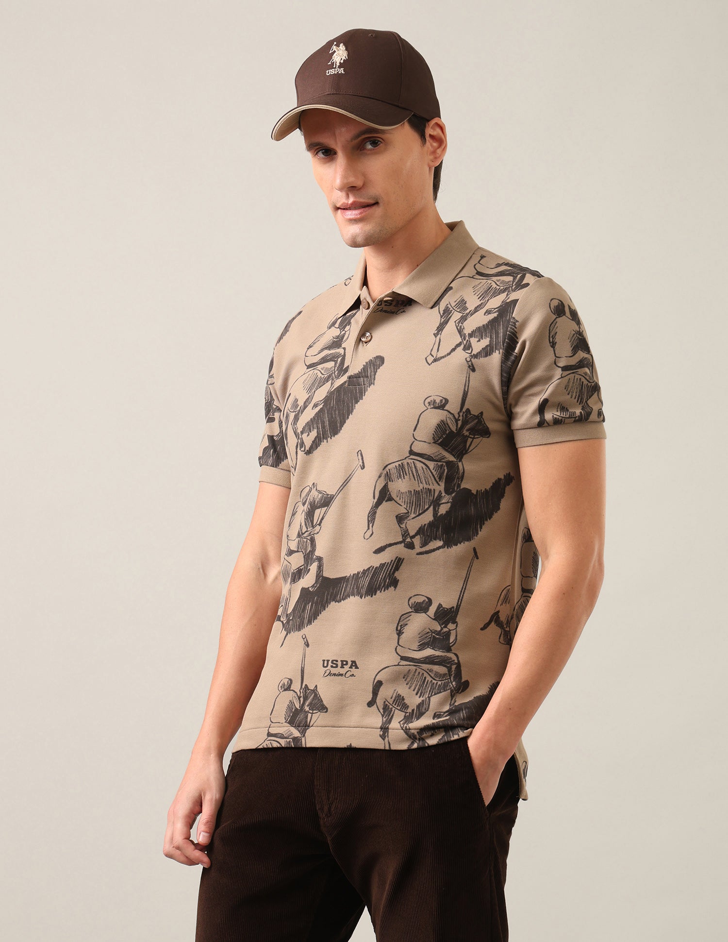 Graphic Brand Printed Slim Fit Polo Shirt Brown - U.S. Polo Assn. India | Large