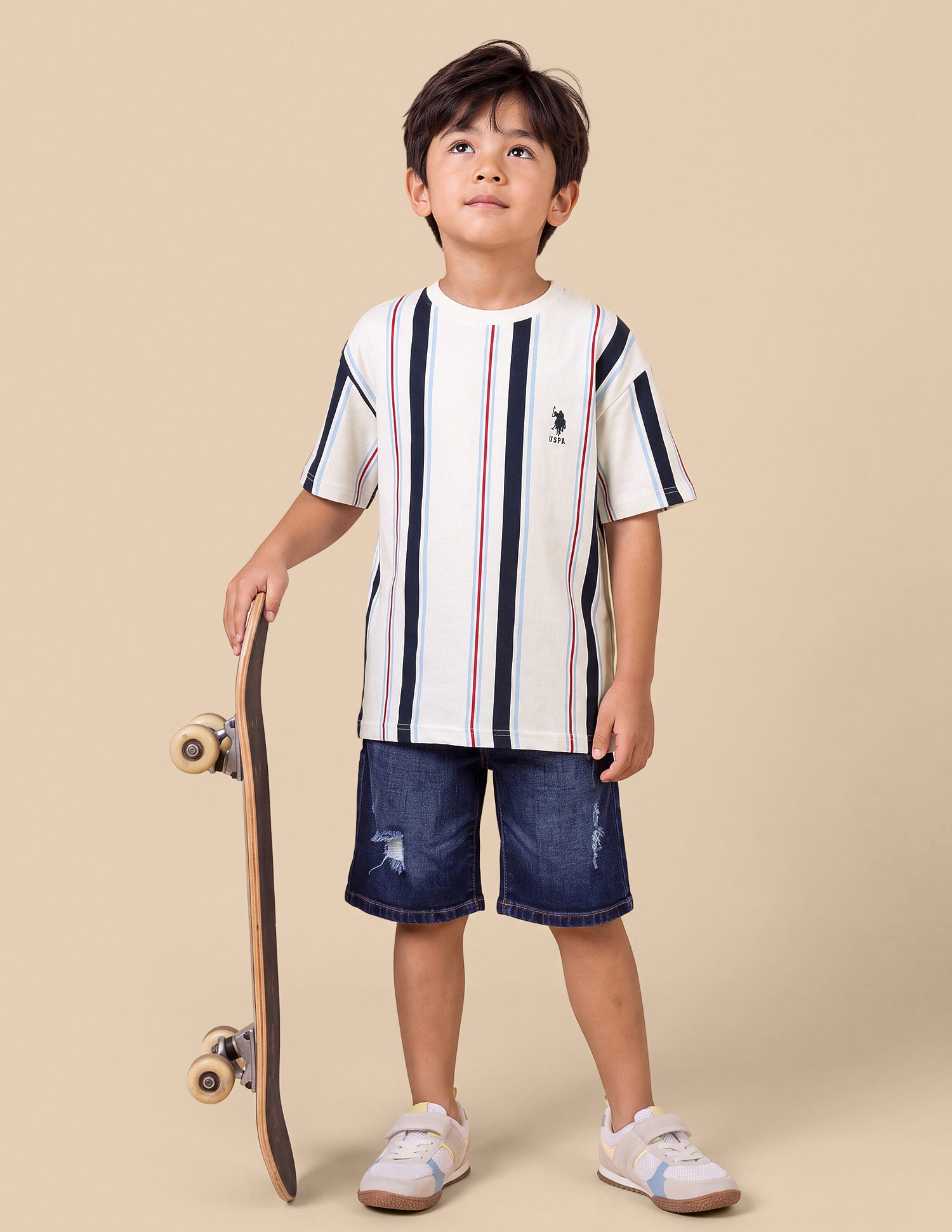 Vertical Striped Oversized Fit T-Shirt Off White - U.S. Polo Assn. India | Large
