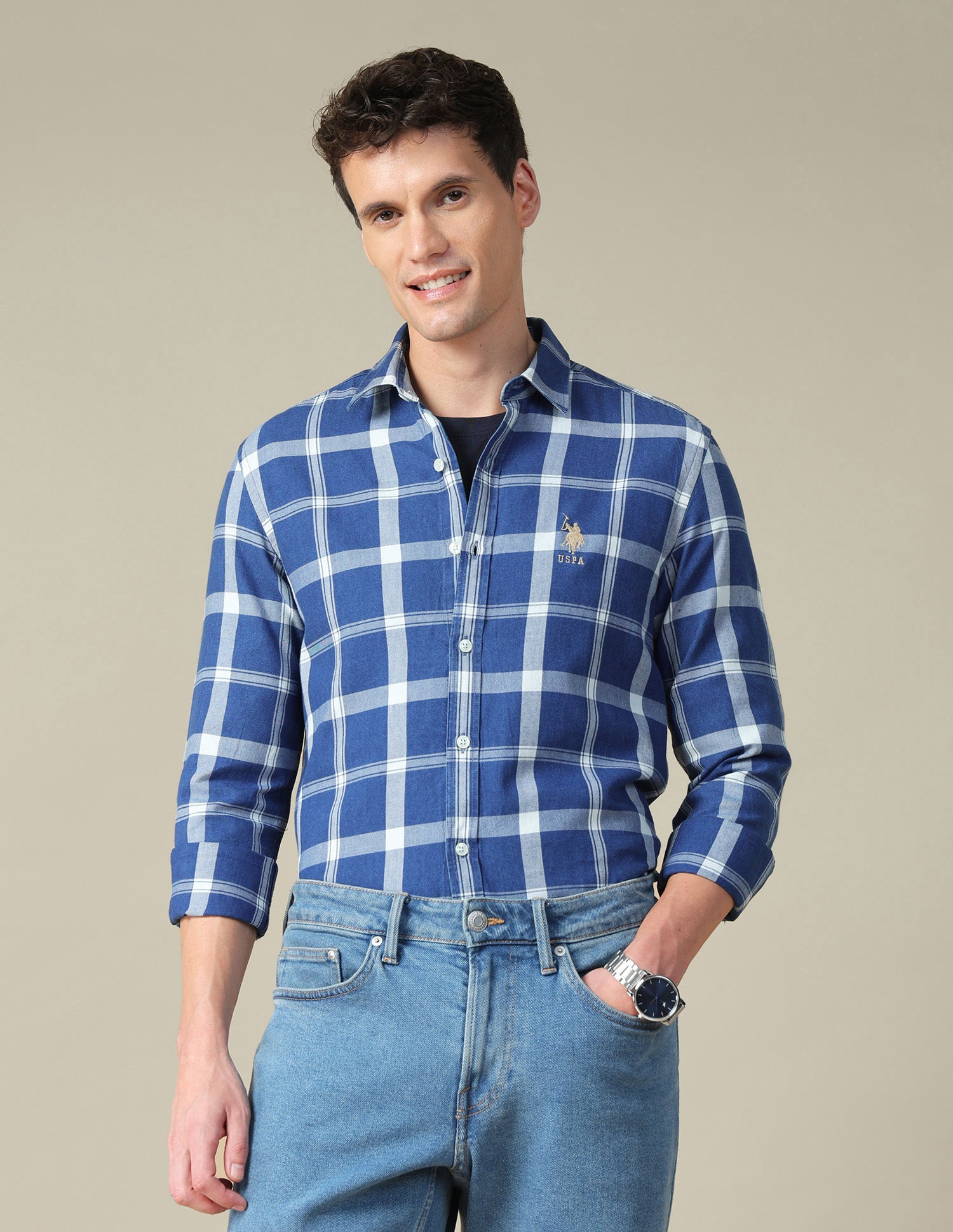 Grid Tattersall Checked Twill Shirt Indigo - U.S. Polo Assn. India | Large