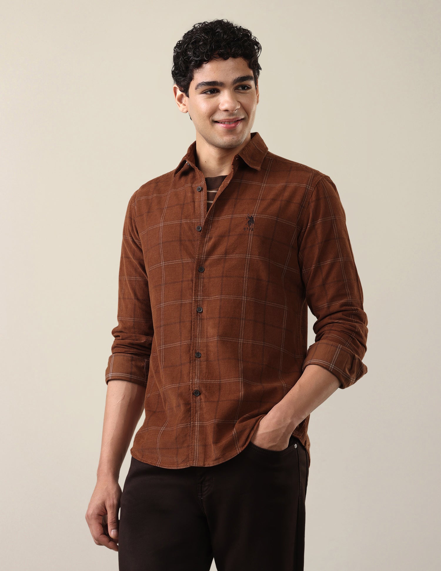 Corduroy Windowpane Checked Shirt Rust - U.S. Polo Assn. India | Large