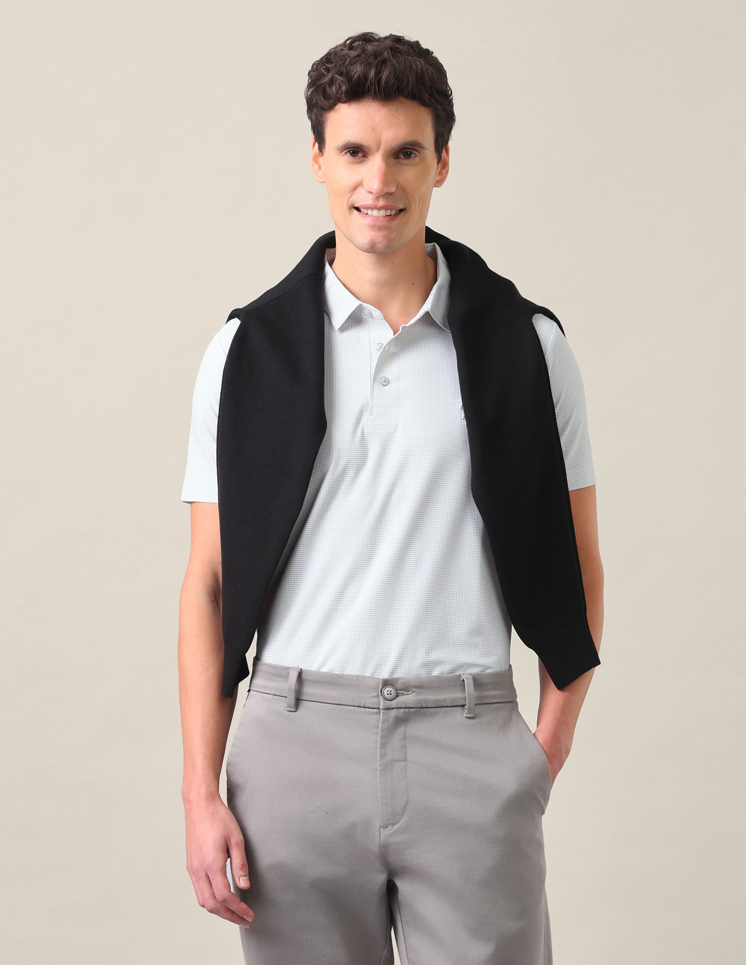 Houndstooth Checked Slim Fit Polo Shirt Light Grey - U.S. Polo Assn. India | Large