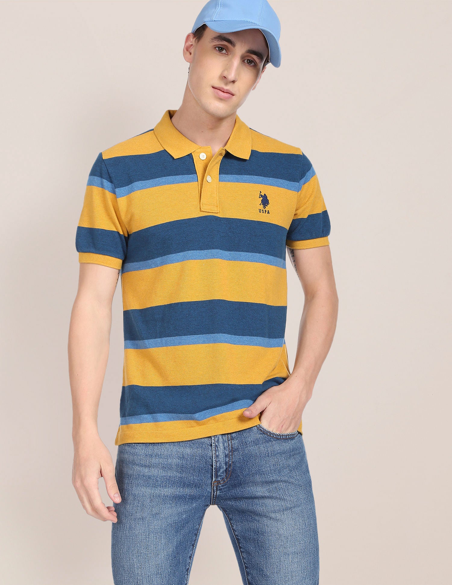 Ribbed Collar Horizontal Striped Polo Shirt Mustard and Blue - U.S. Polo Assn. India | Large