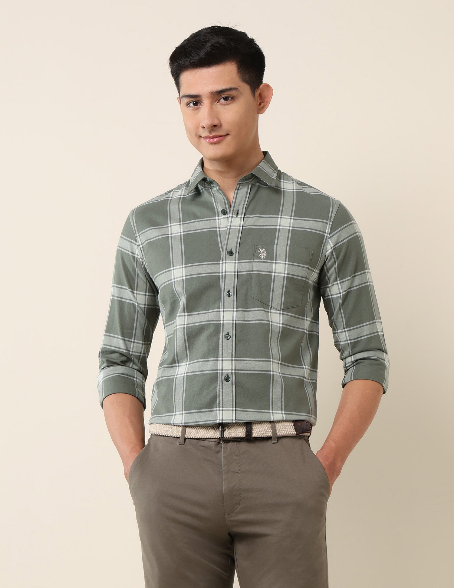 Grid Tattersall Checked Pure Cotton Shirt Light Olive - U.S. Polo Assn. India | Large