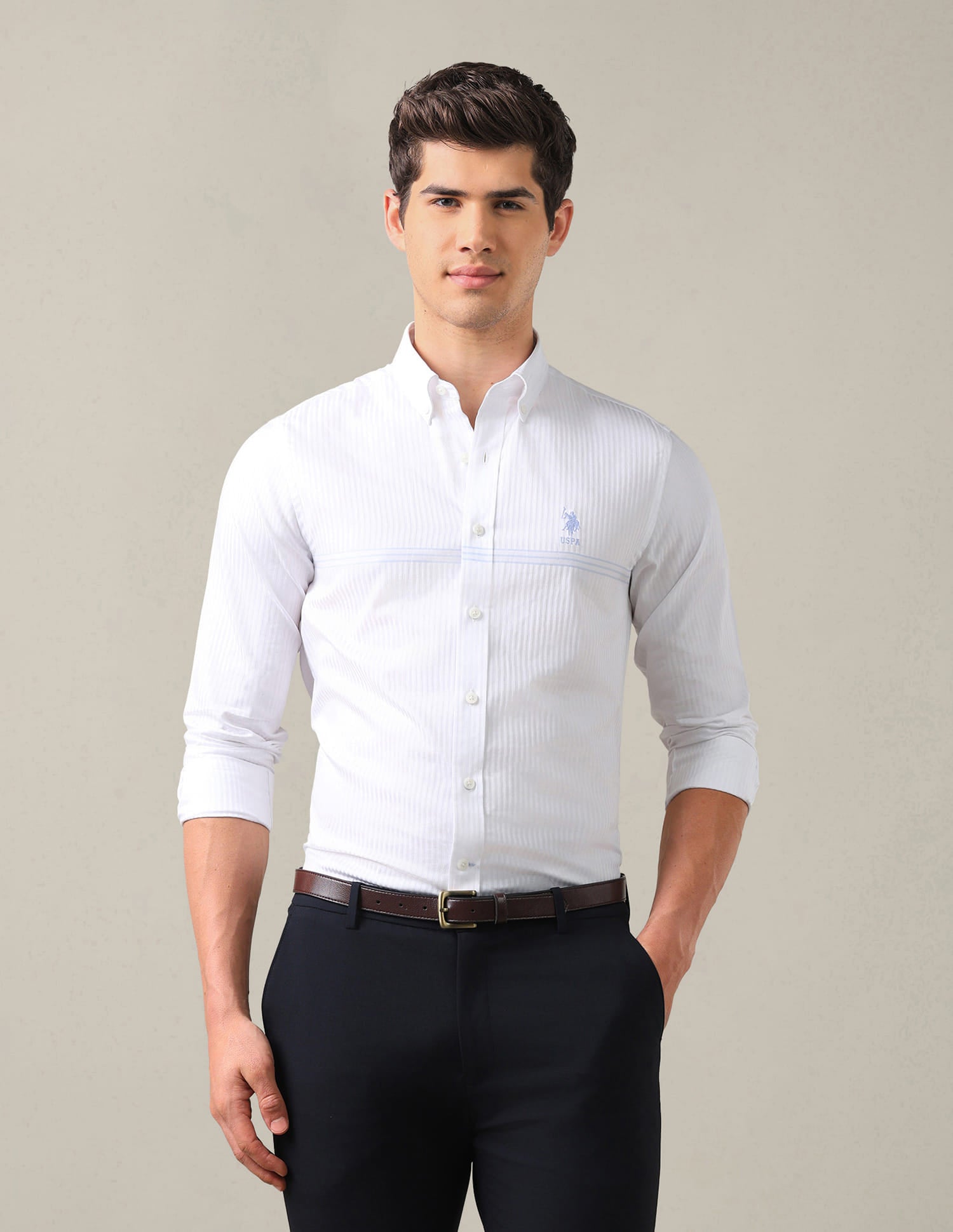 Tailored Fit Satin Button Down Shirt White - U.S. Polo Assn. India | Large