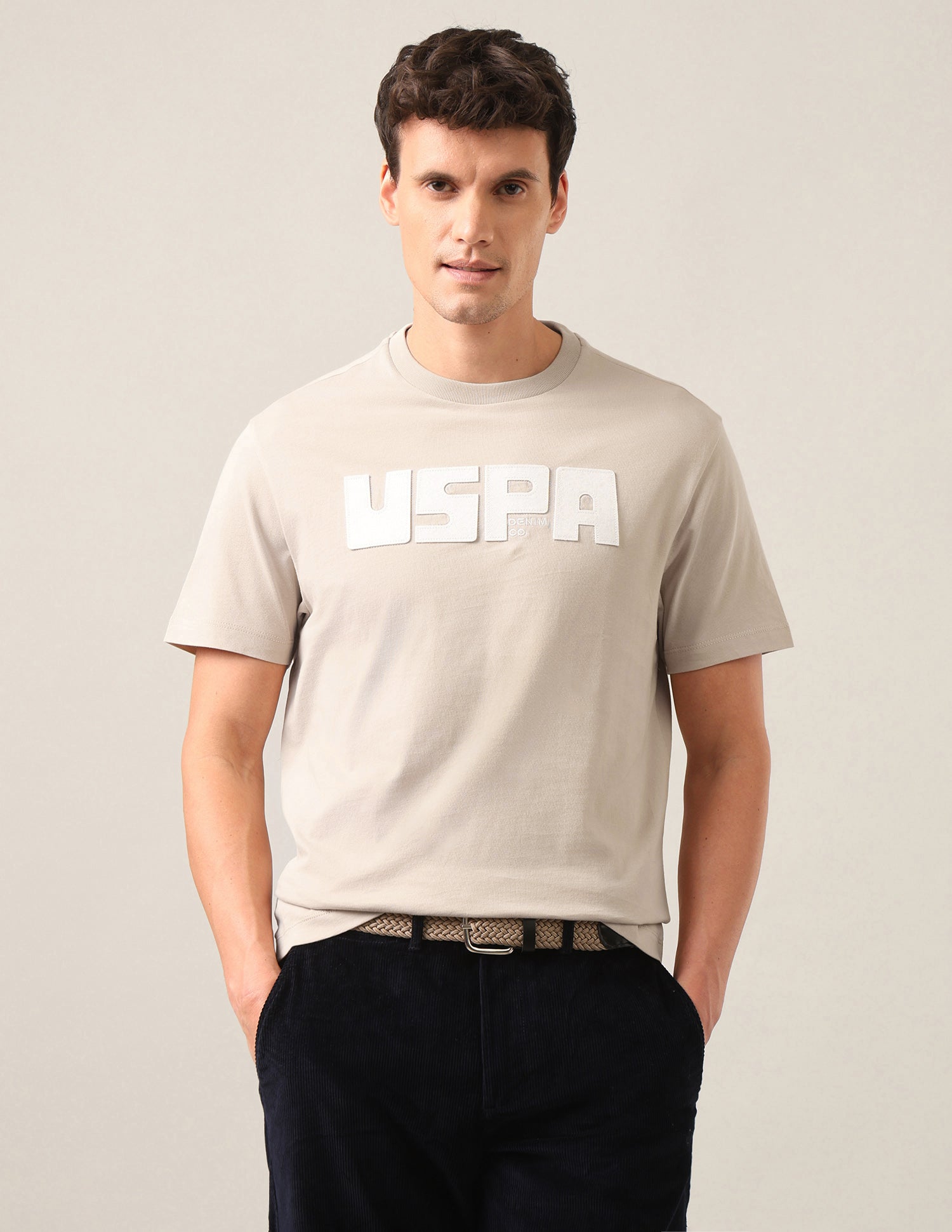 Brand Embossed Regular Fit T-Shirt Beige - U.S. Polo Assn. India | Large