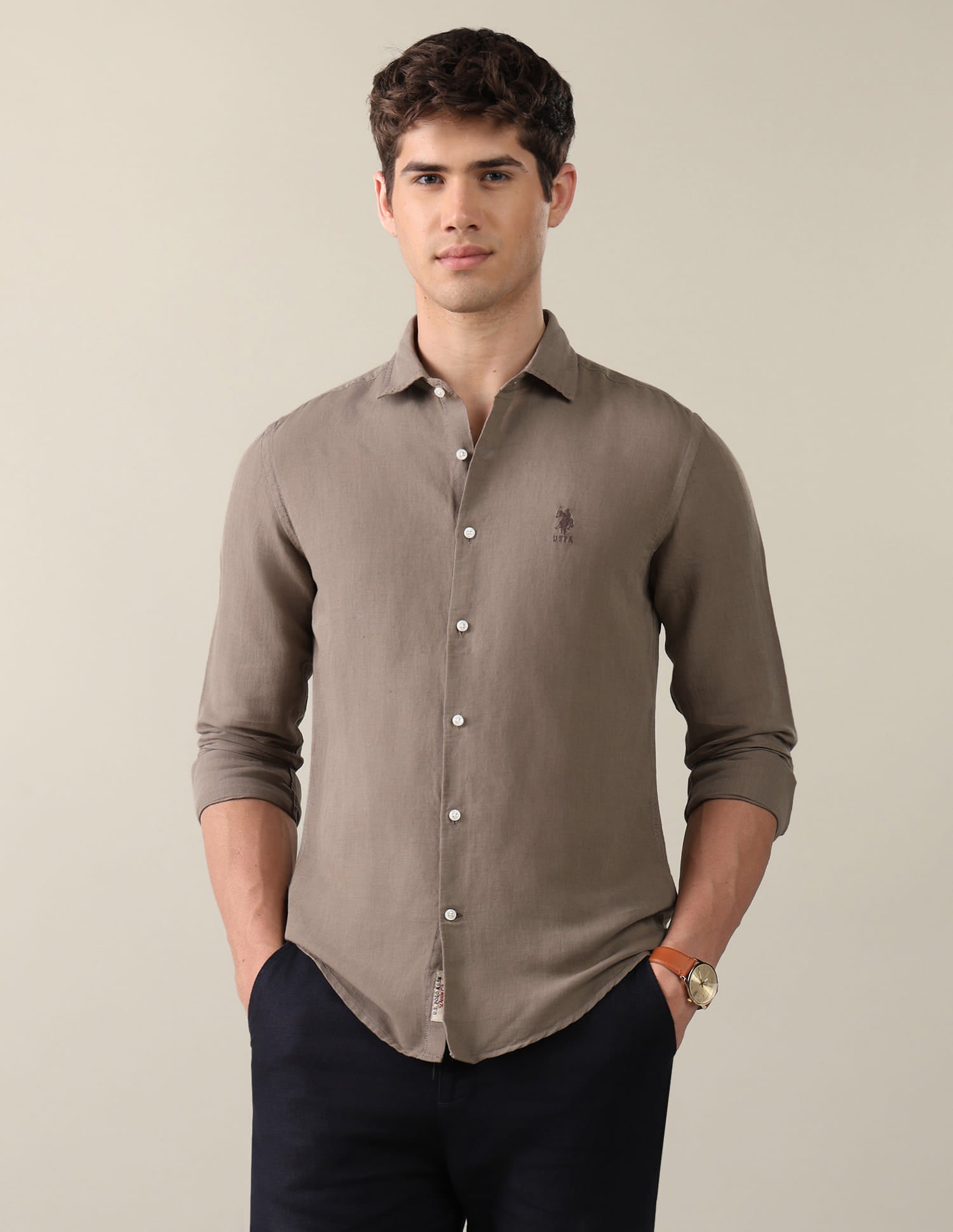 Solid Regular Fit Shirt Brown - U.S. Polo Assn. India | Large