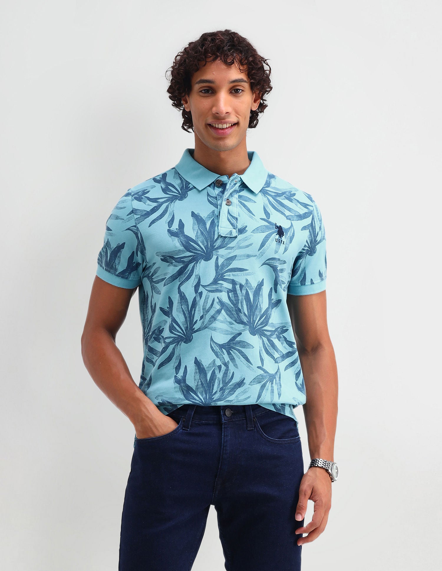 Floral Print Cotton Polo Shirt