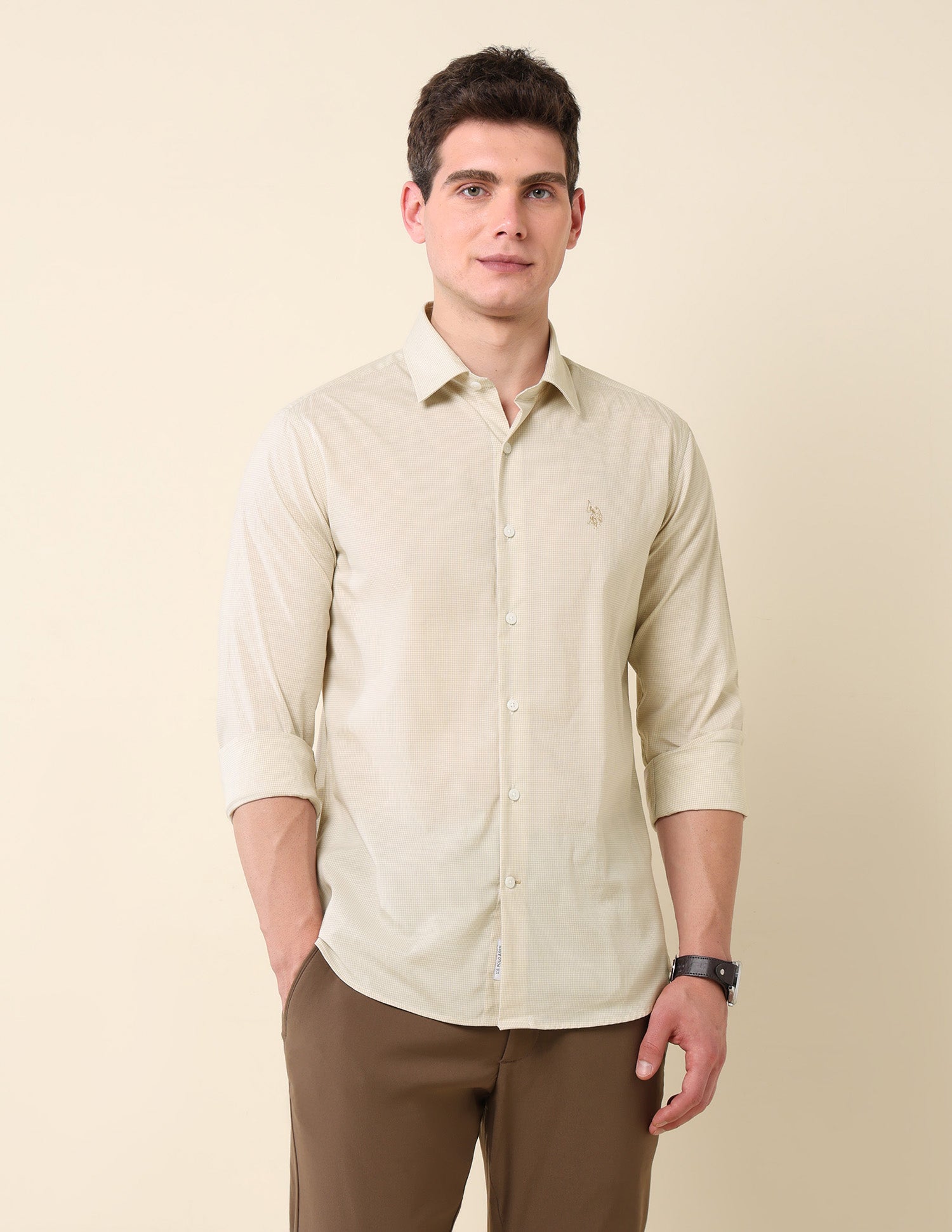 Micro Checked Tailored Fit Shirt Beige - U.S. Polo Assn. India | Large