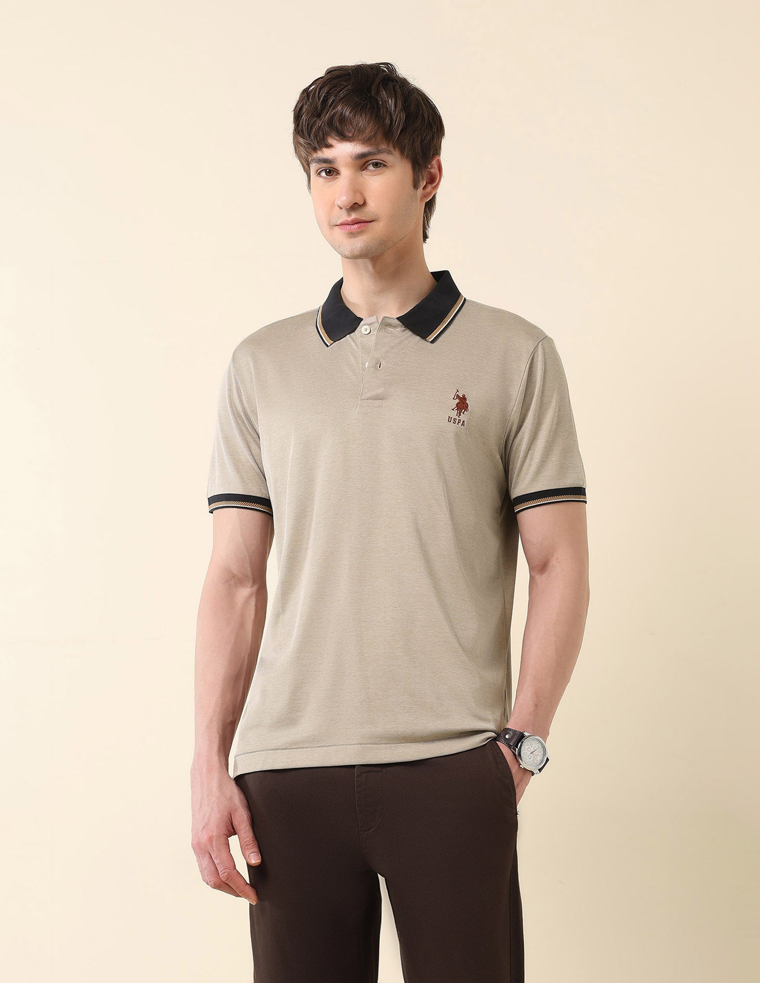 Solid Slim Fit Varsity Polo Shirt Brown - U.S. Polo Assn. India | Large