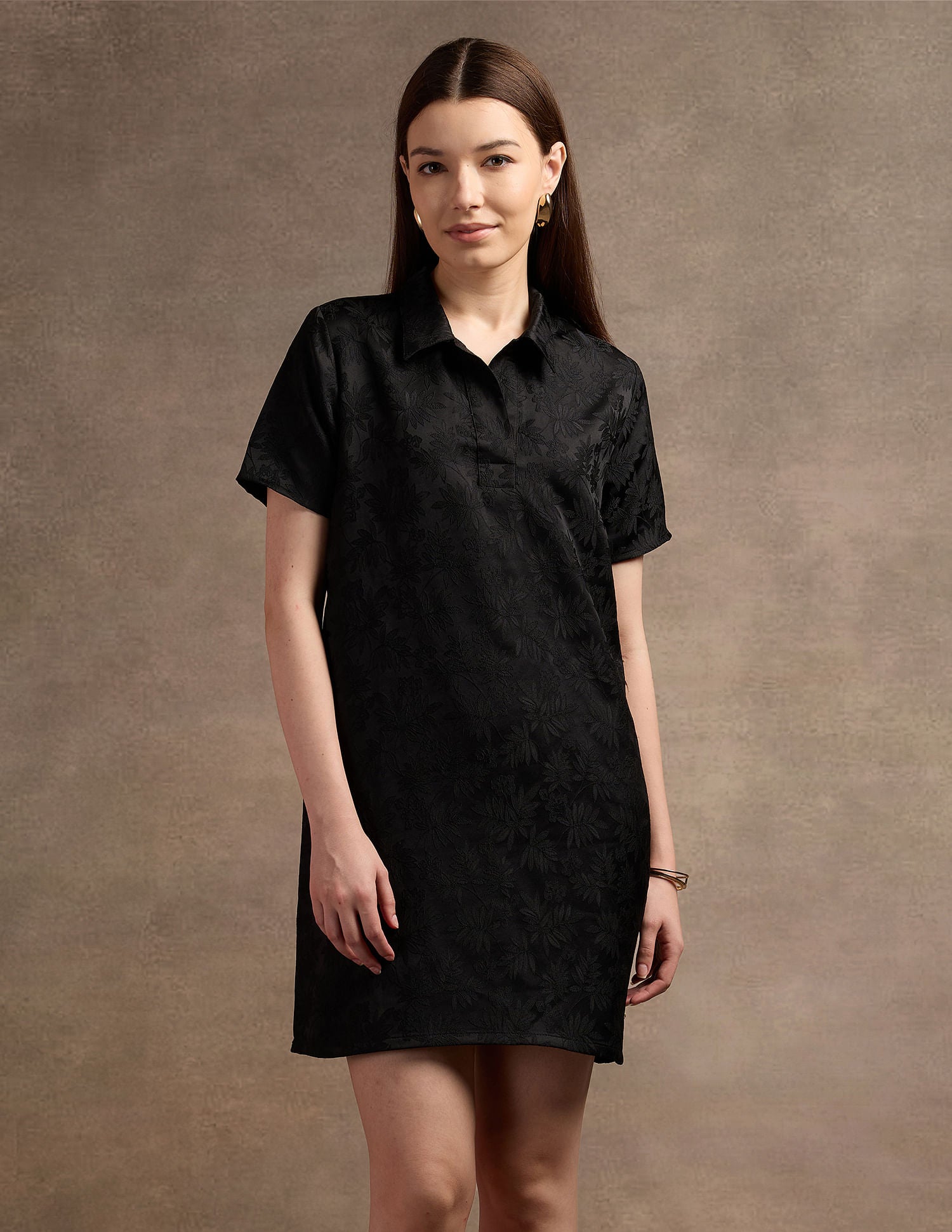 Polo Collar Jacquard Shift Dress