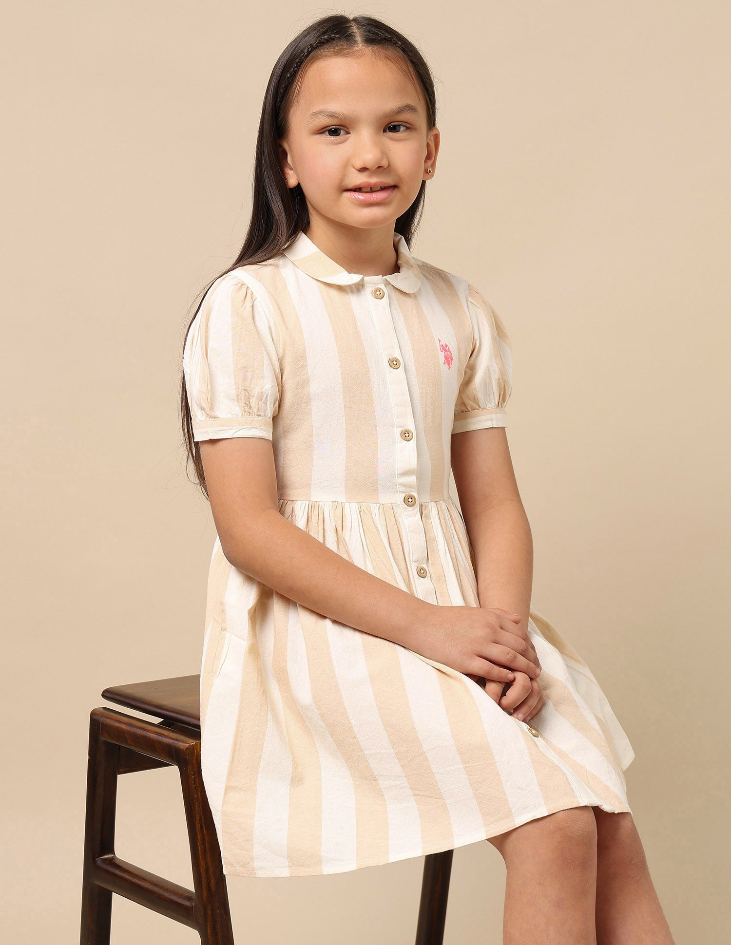 Girls Peter Pan Collar Shirt Dress Beige and Off White - U.S. Polo Assn. India | Large
