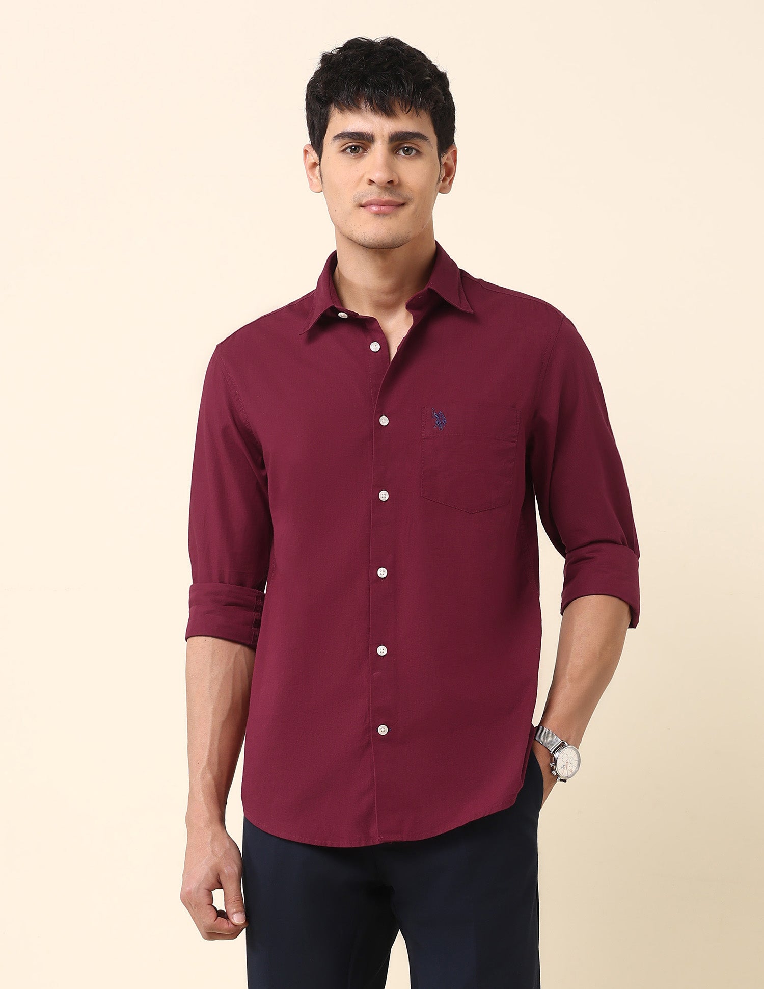Twill Tailored Fit Solid Shirt Maroon - U.S. Polo Assn. India | Large