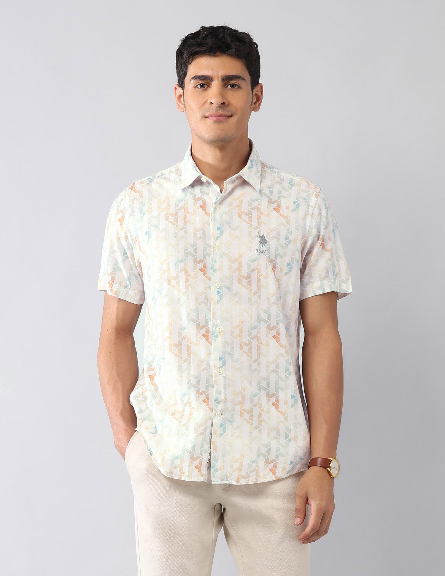 Geometric Printed Satin Regular Fit Shirt Light Green - U.S. Polo Assn. India | Large