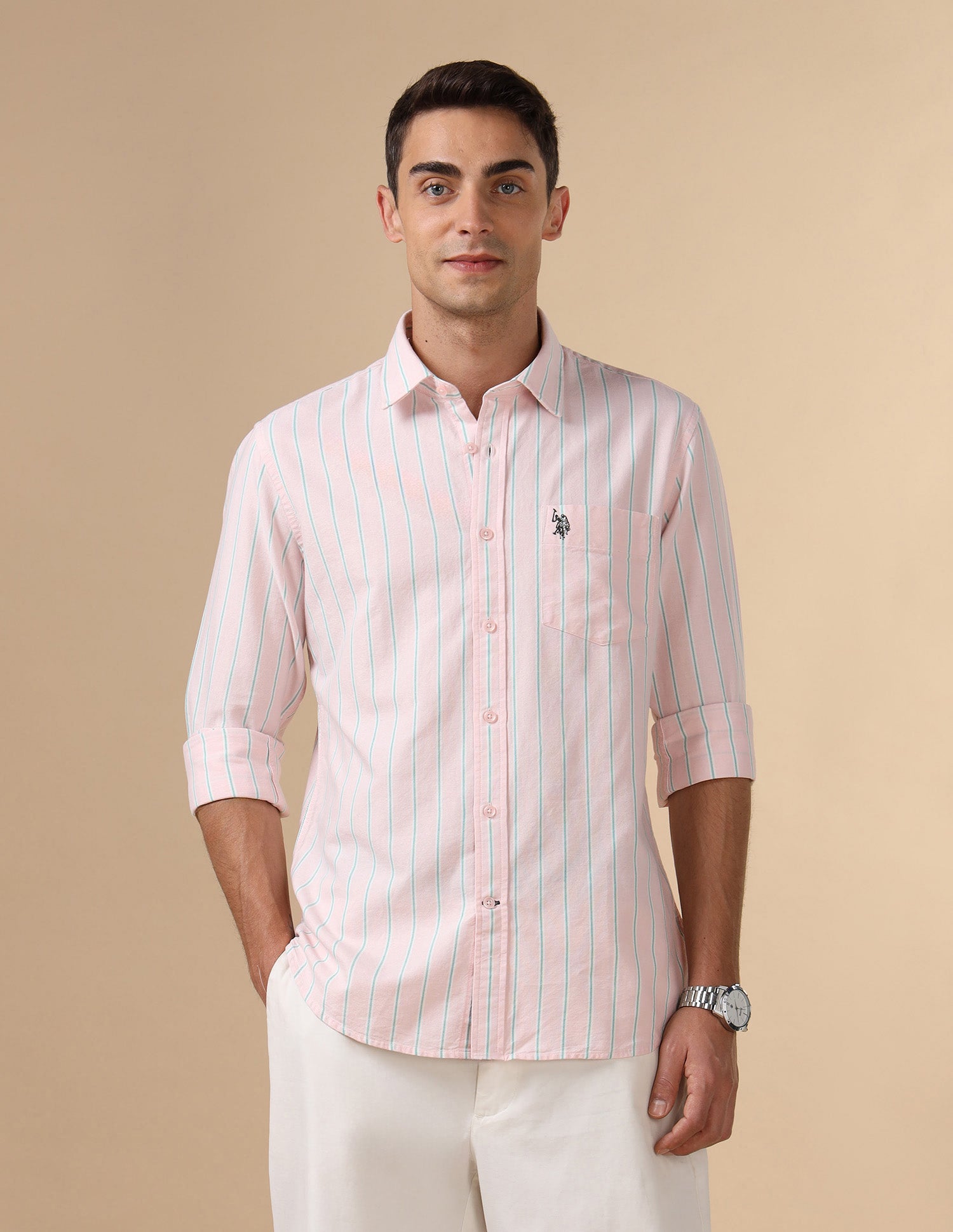 Pure Cotton Tailored Fit Shirt Pink - U.S. Polo Assn. India | Large