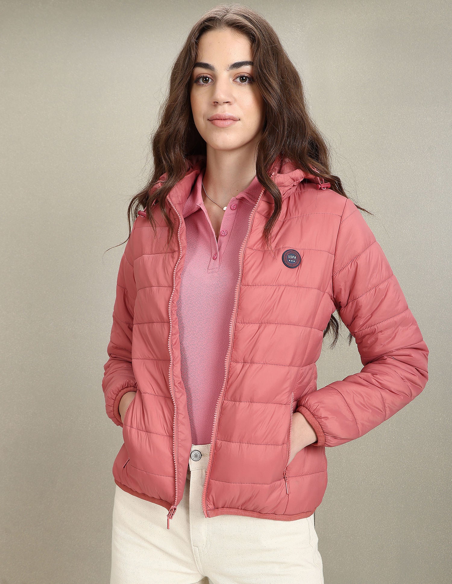 Nylon Hooded Puffer Jacket Pink - U.S. Polo Assn. India | Large