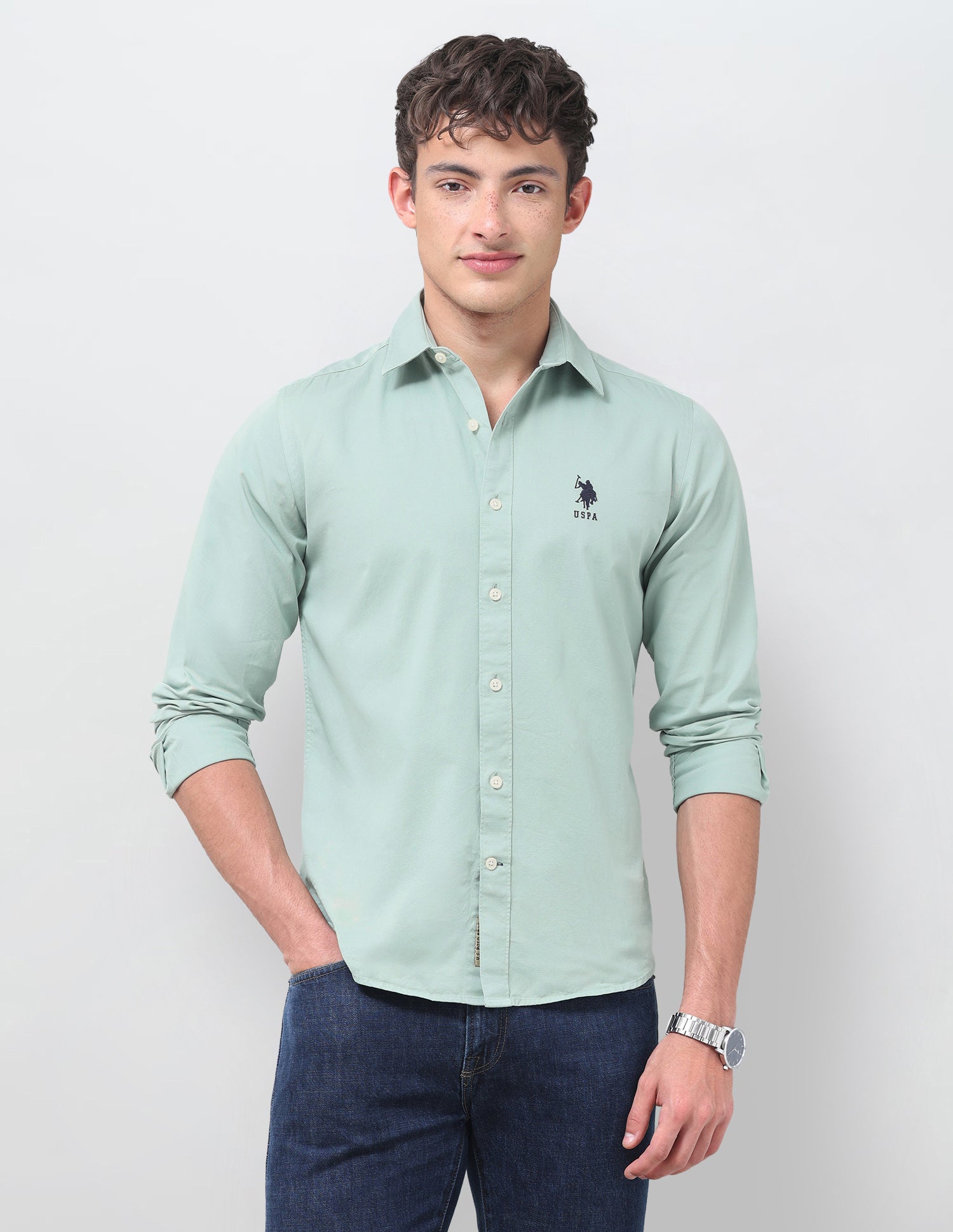 Slim Fit Twill Shirt Light Green - U.S. Polo Assn. India | Large