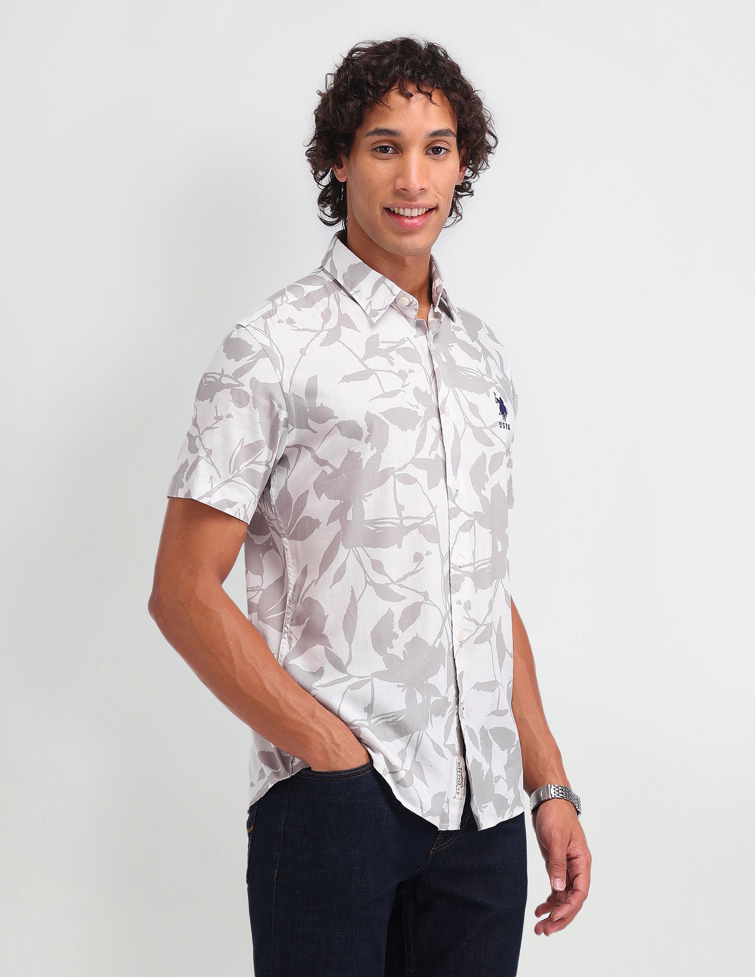 Slim Fit Floral Printed Shirt Taupe - U.S. Polo Assn. India | Large