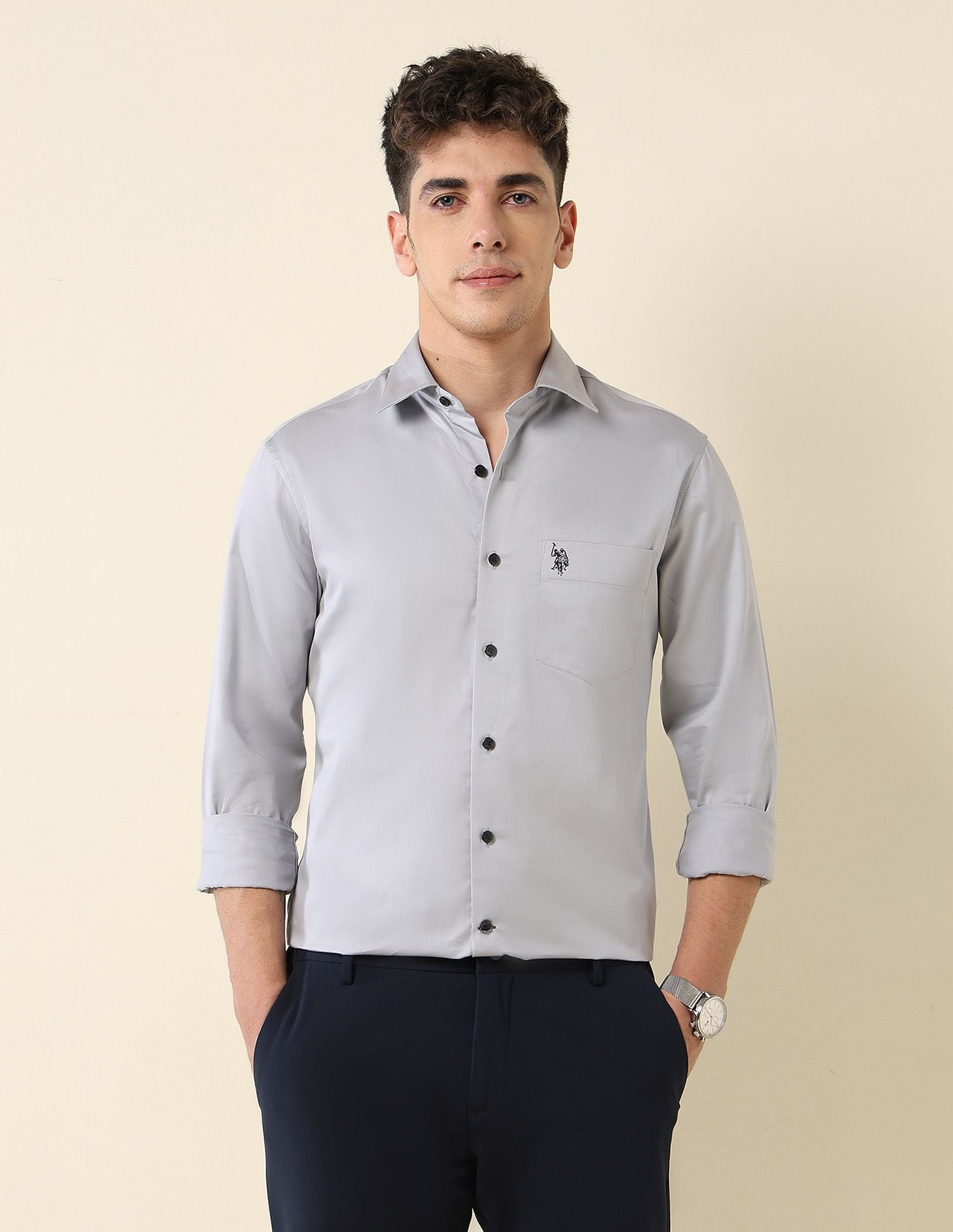 Tailored Fit Satin Shirt Light Grey - U.S. Polo Assn. India | Large