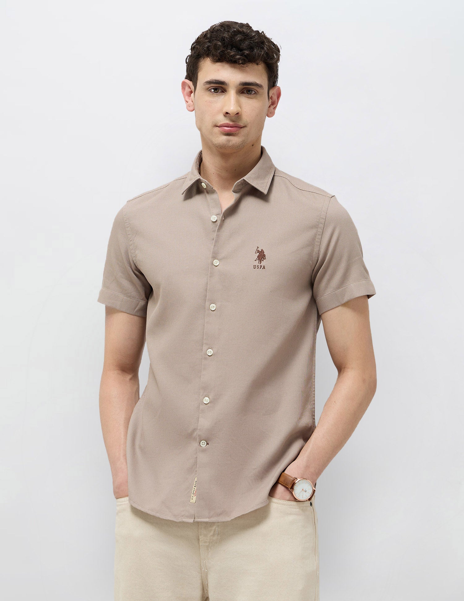 Dobby Textured Regular Fit Shirt Light Brown - U.S. Polo Assn. India | Large