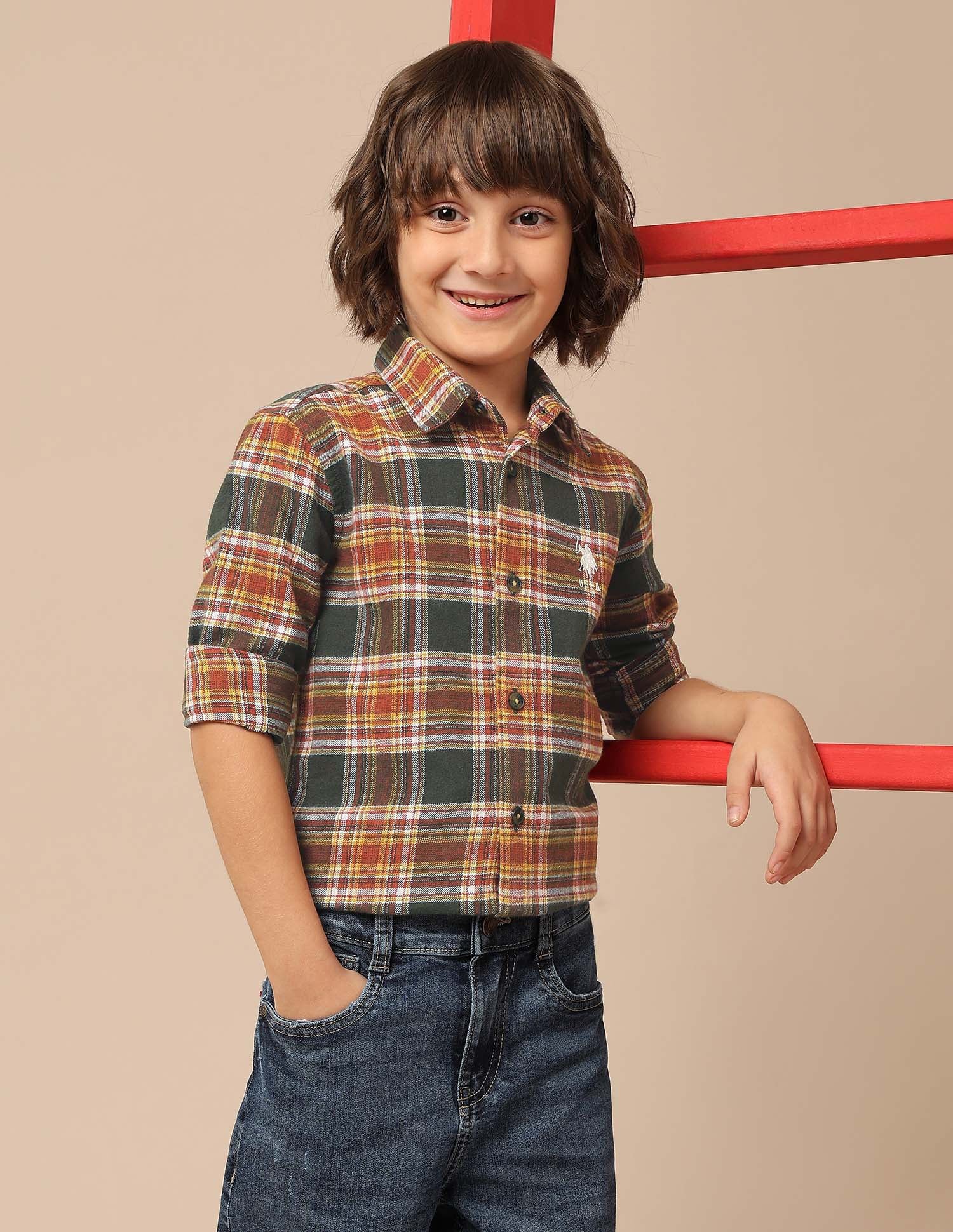 Boys Plaid Checked Twill Shirt