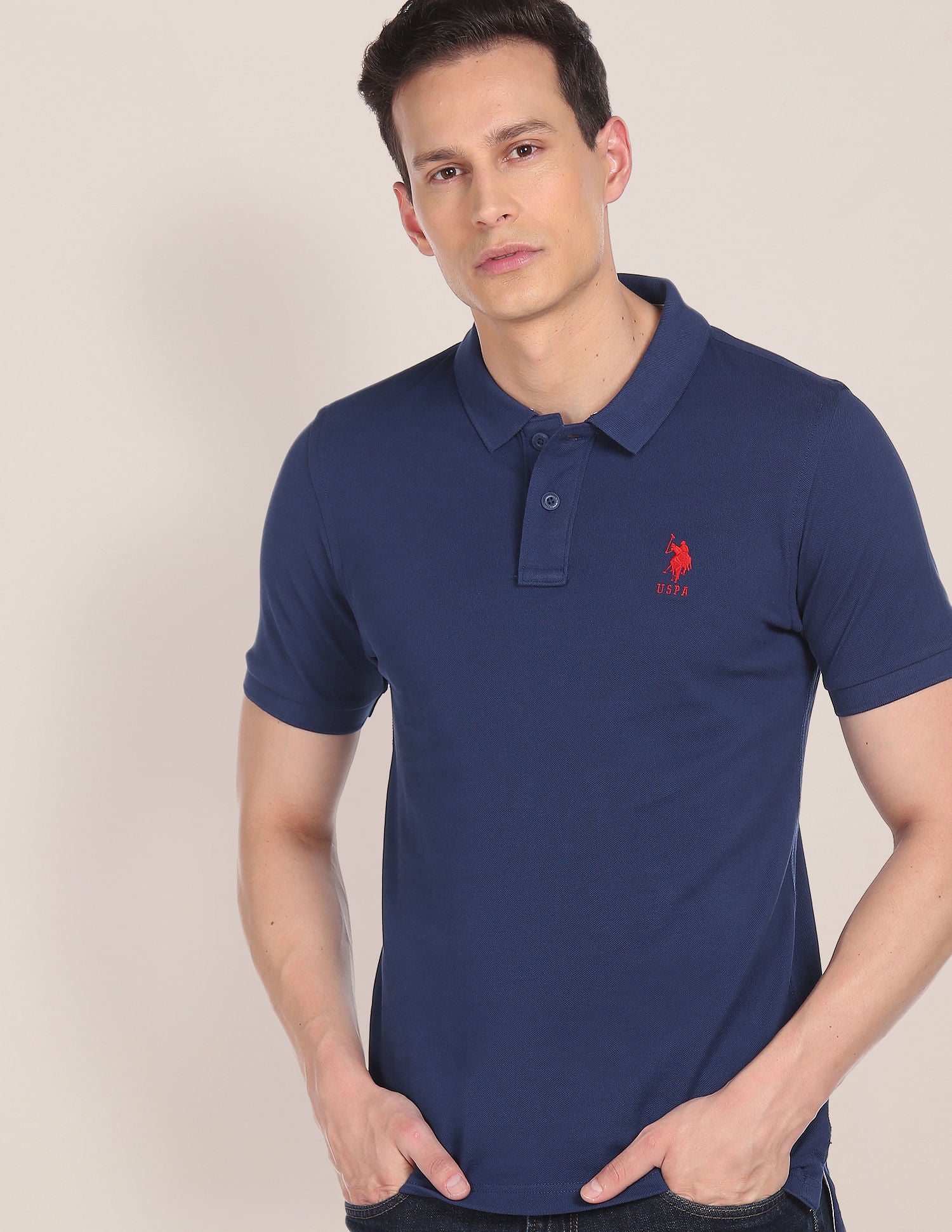 Ribbed Collar Solid Polo Shirt Dark Blue - U.S. POLO ASSN. | Large