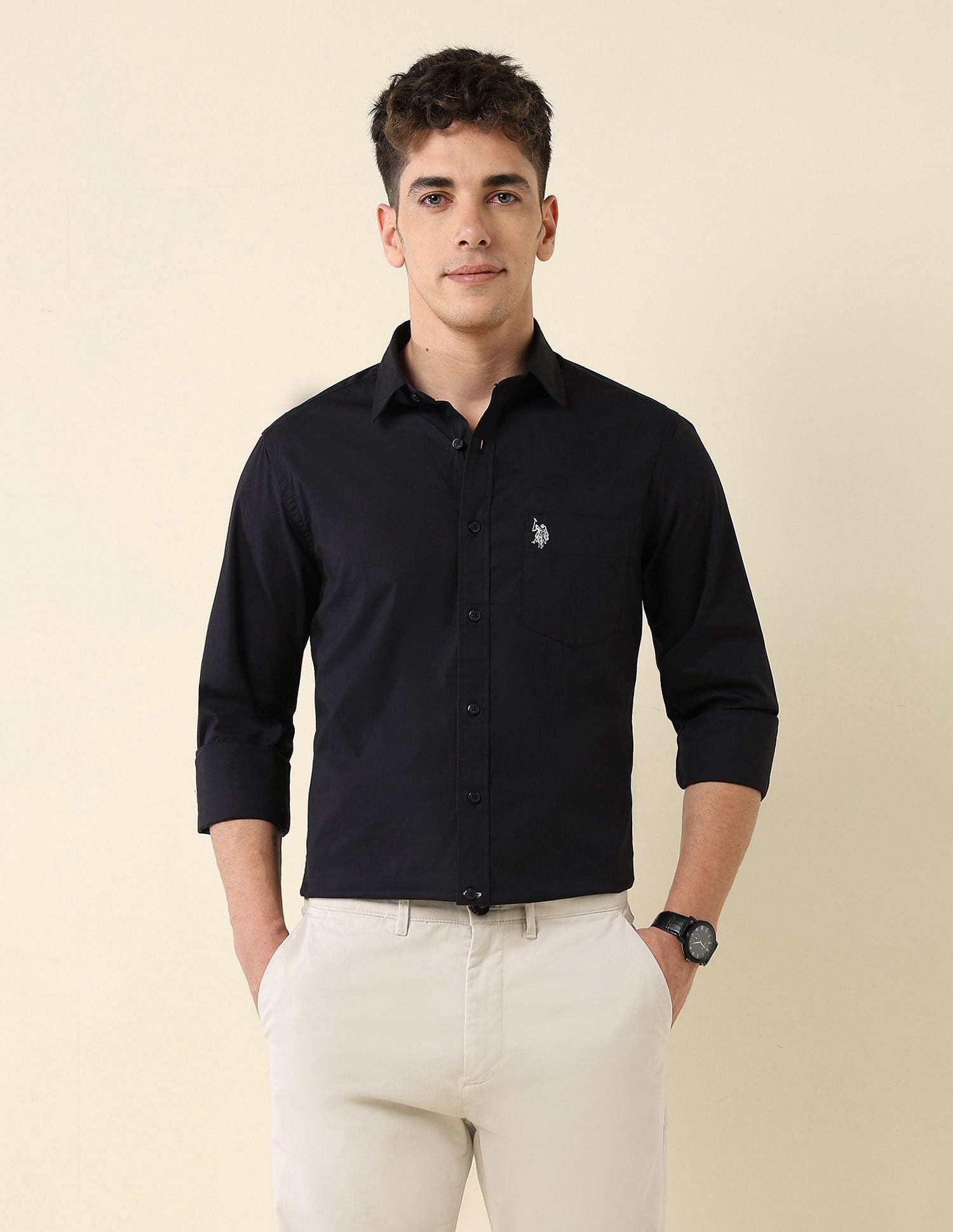 Poplin Solid Stretch Shirt Black - U.S. Polo Assn. India | Large