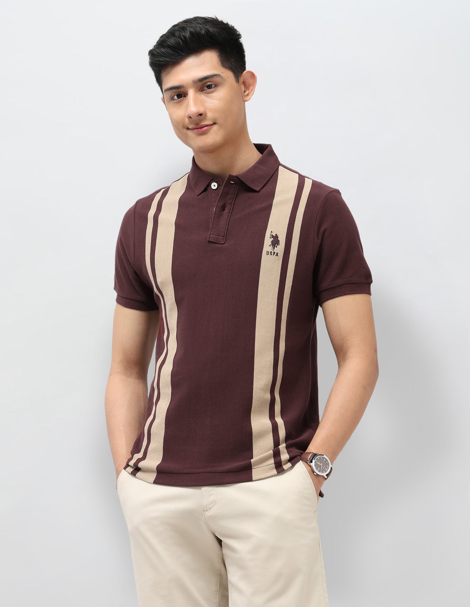 Vertical Striped Pure Cotton Polo Shirt Dark Brown - U.S. Polo Assn. India | Large