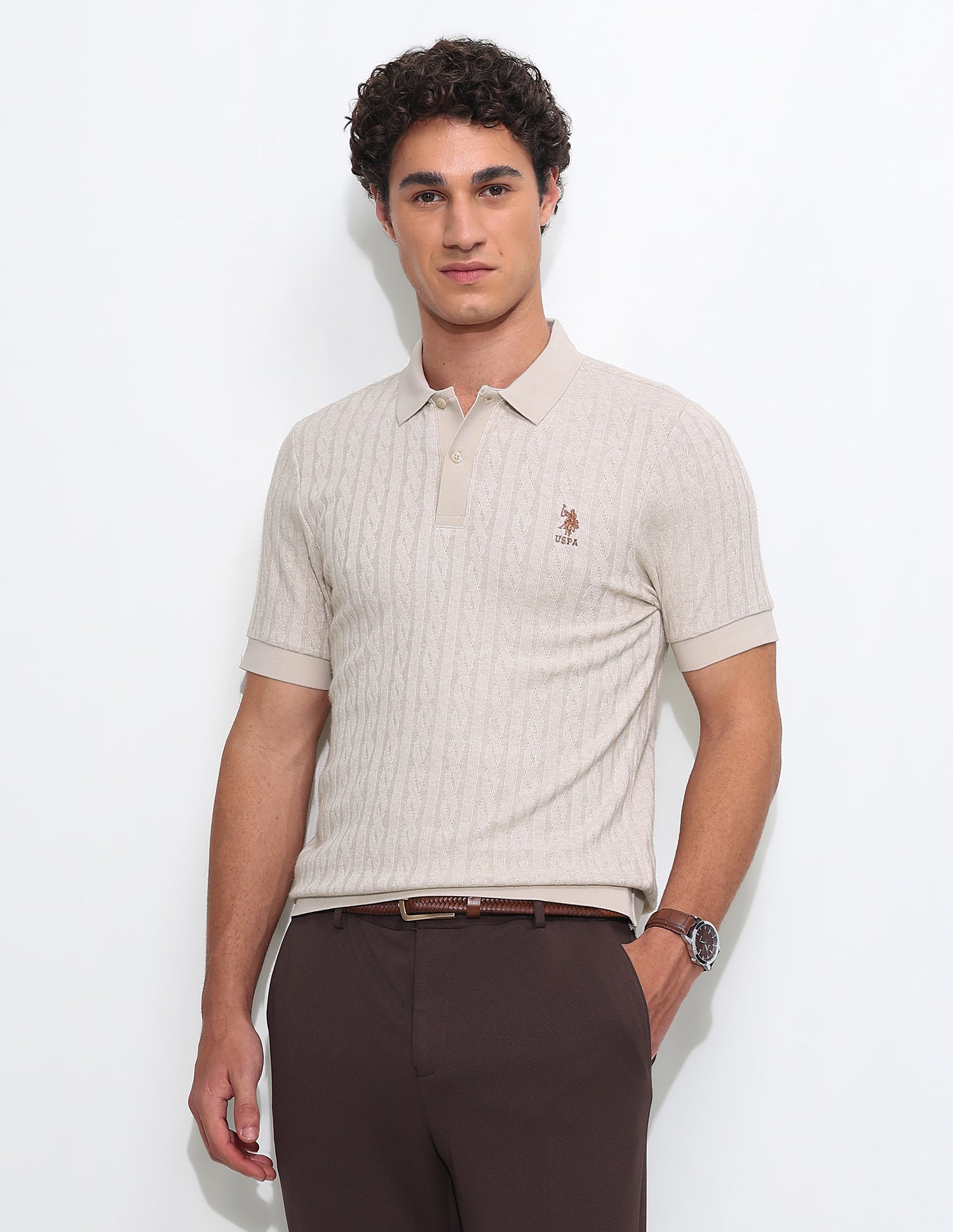 Textured Slim Fit Polo Shirt Beige - U.S. Polo Assn. India | Large