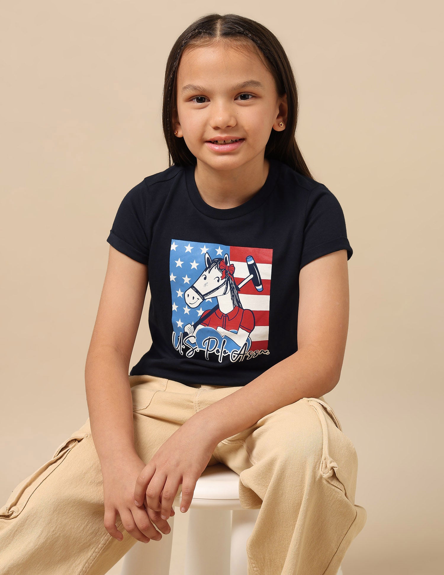 Girls Brand Print Cotton T-Shirt Navy - U.S. Polo Assn. India | Large