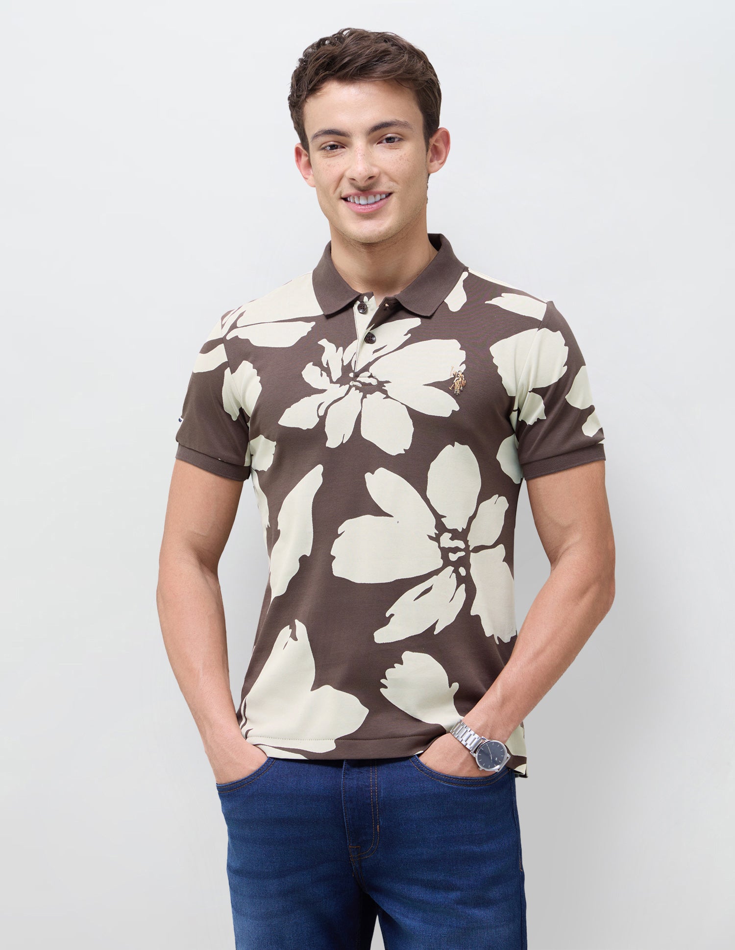 Floral Printed Slim Fit Polo Shirt Dark Brown - U.S. Polo Assn. India | Large