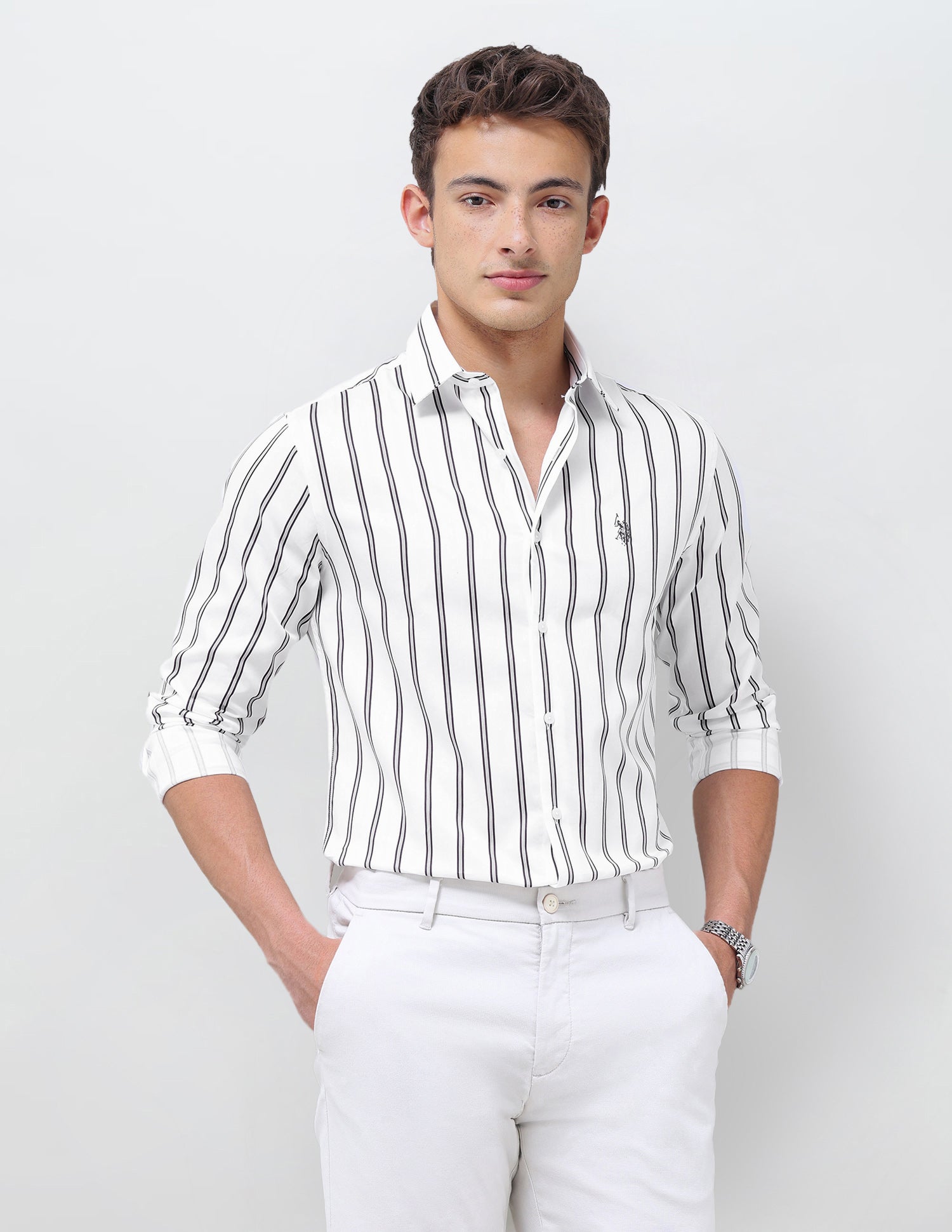 Tailored Fit Vertical Striped Shirt White - U.S. Polo Assn. India | Large
