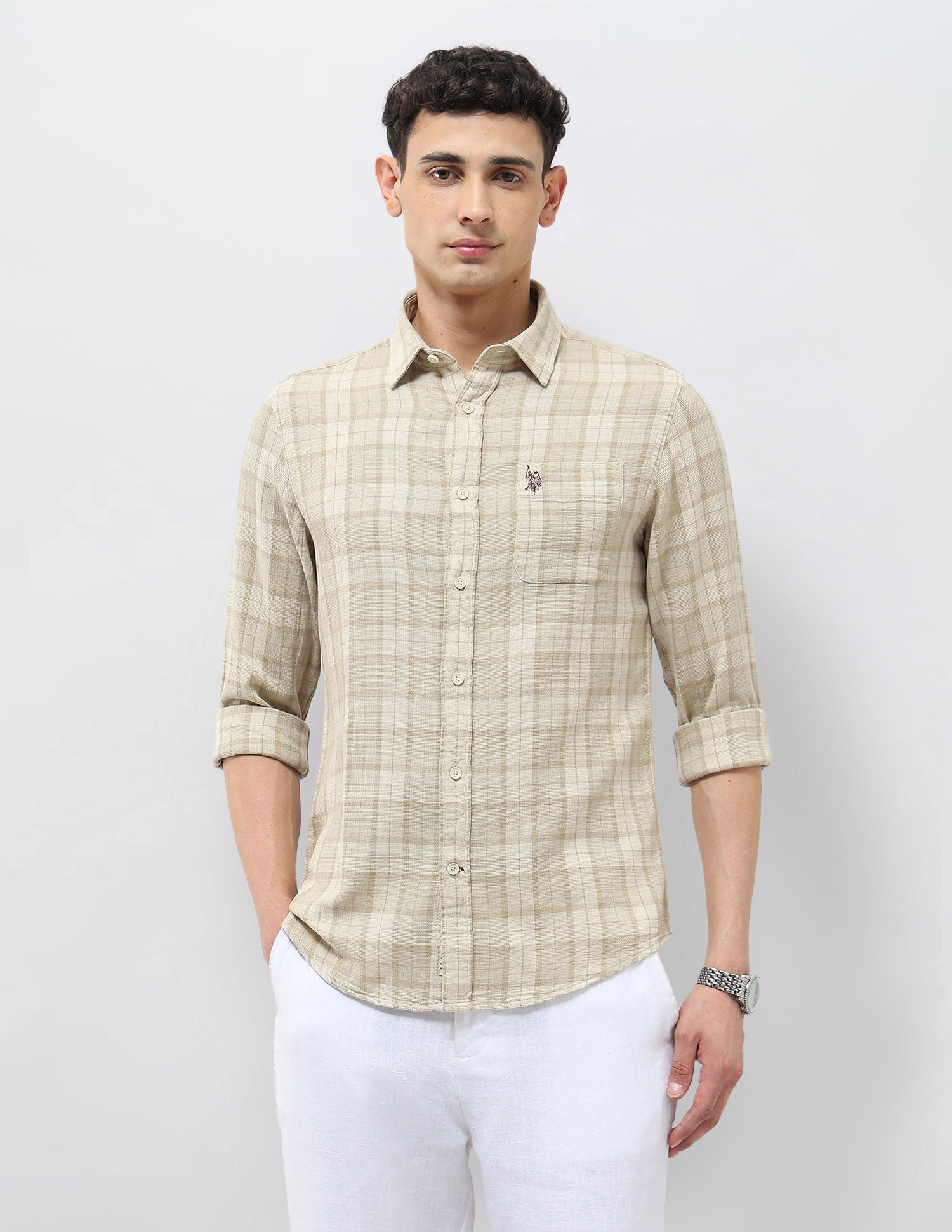 Tartan Checked Dobby Shirt Light Beige - U.S. Polo Assn. India | Large