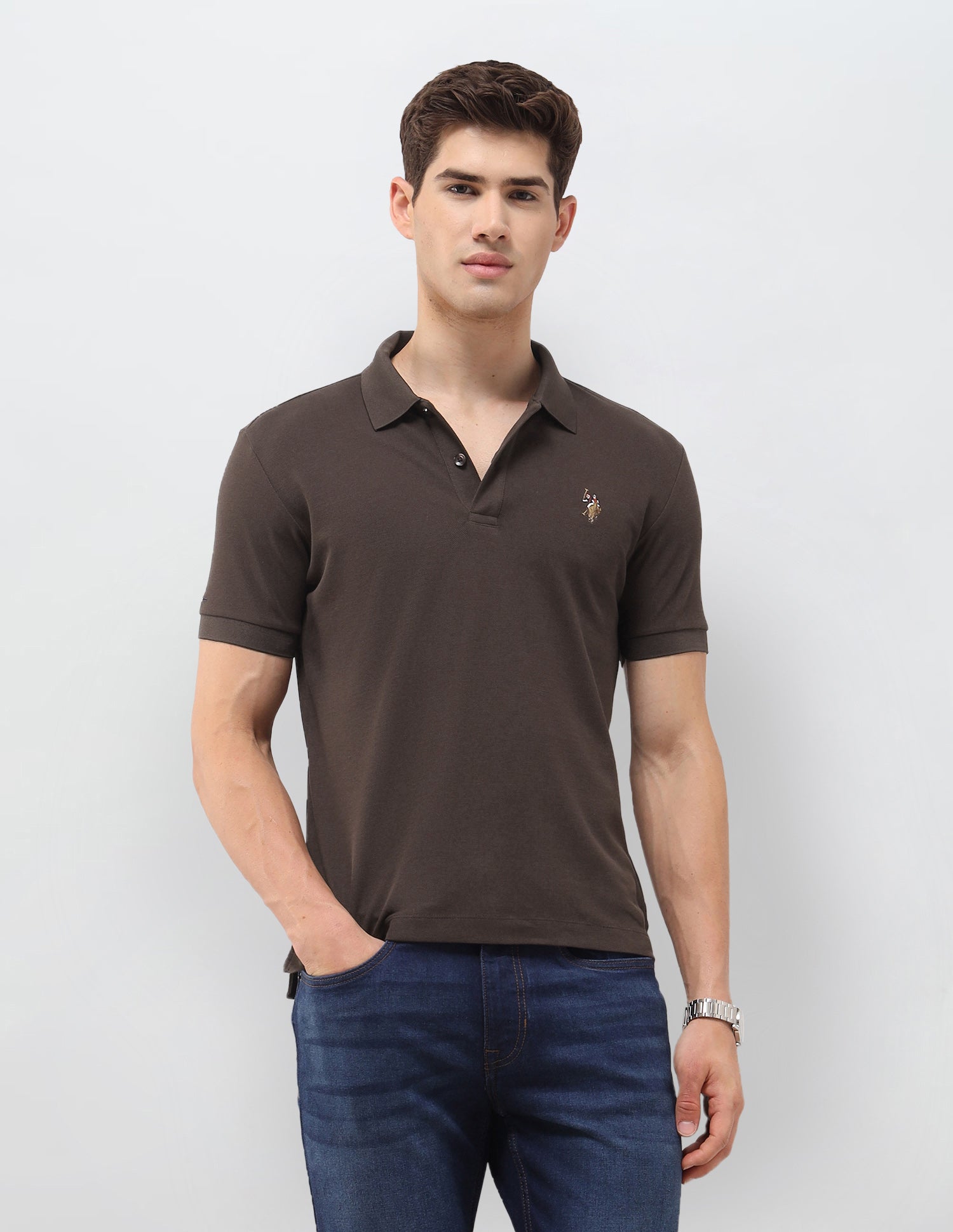 Solid Slim Fit Polo Shirt Dark Brown - U.S. Polo Assn. India | Large