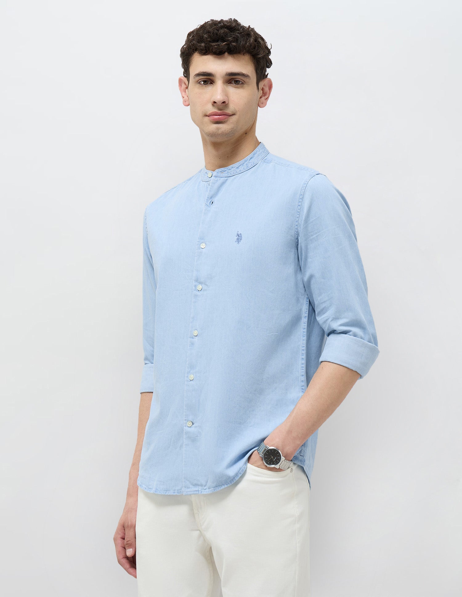 Twill Slim Fit Mandarin Shirt
