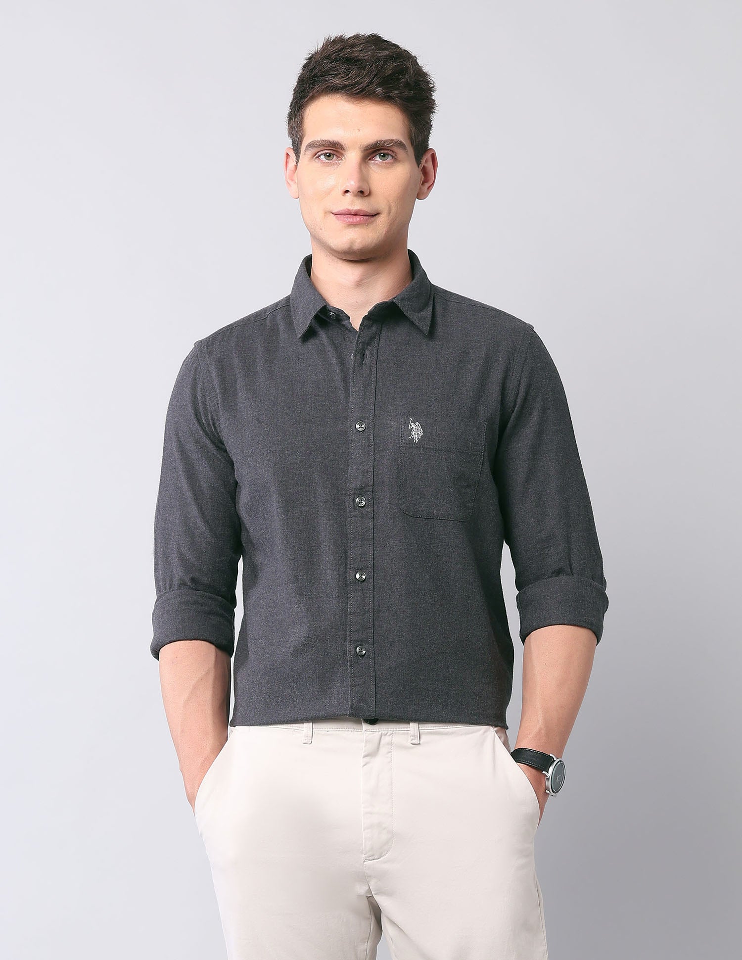 Regular Fit Pure Cotton Shirt Grey - U.S. Polo Assn. India | Large