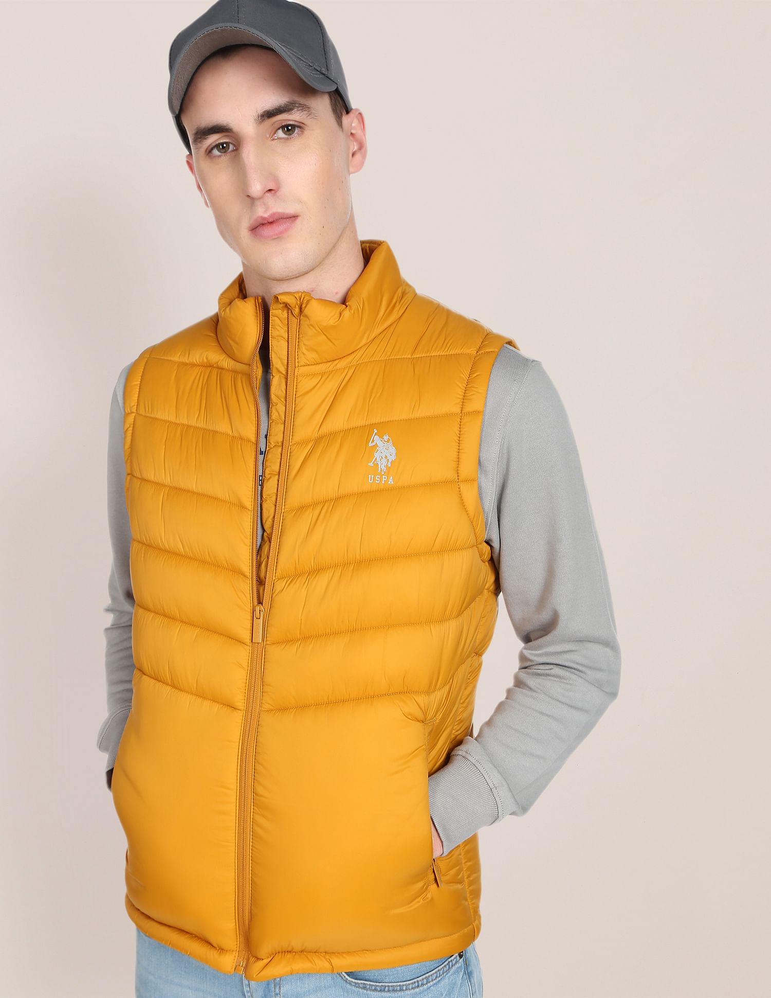 High Neck Sleeveless Solid Padded Jacket Ochre - U.S. POLO ASSN. | Large