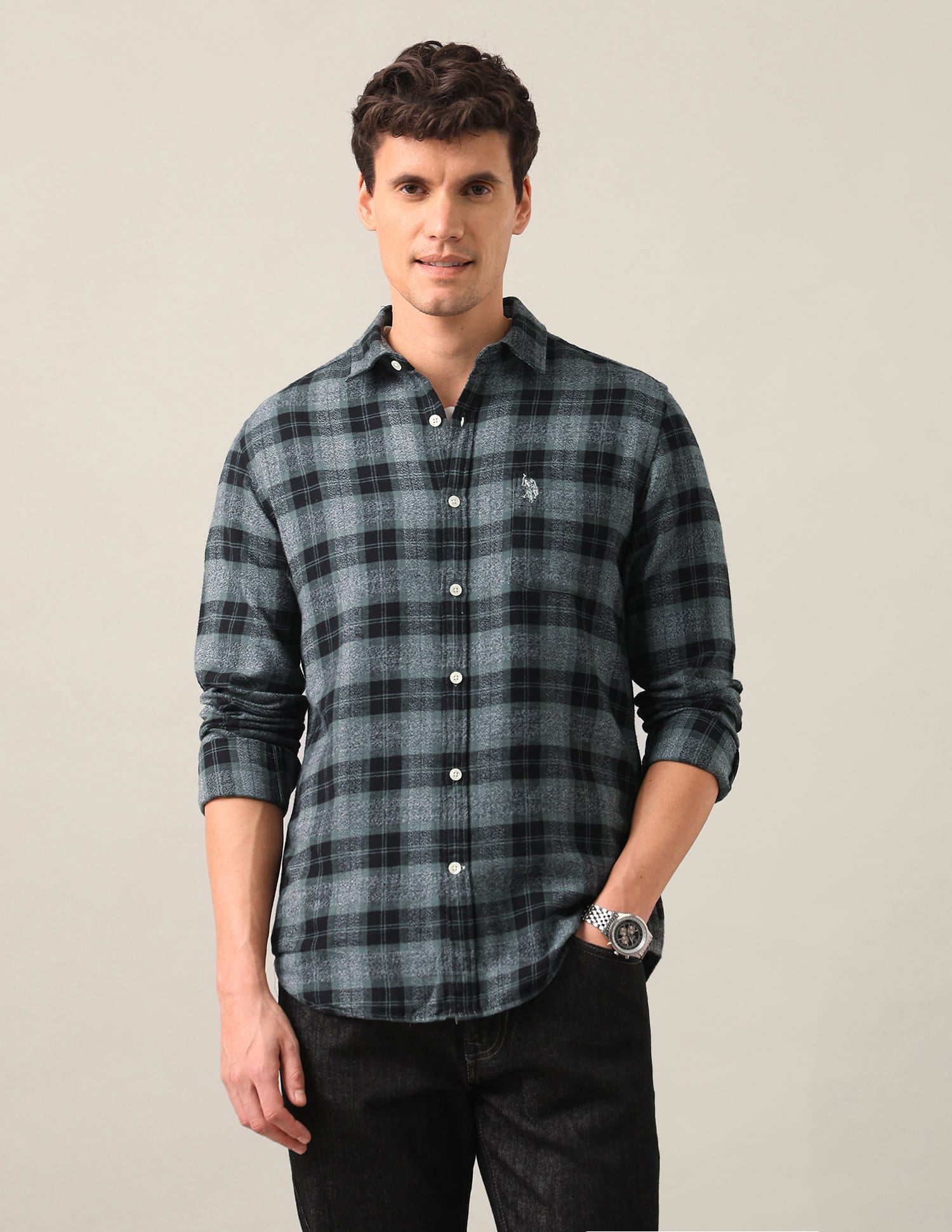 Tartan Checked Twill Shirt Green - U.S. Polo Assn. India | Large