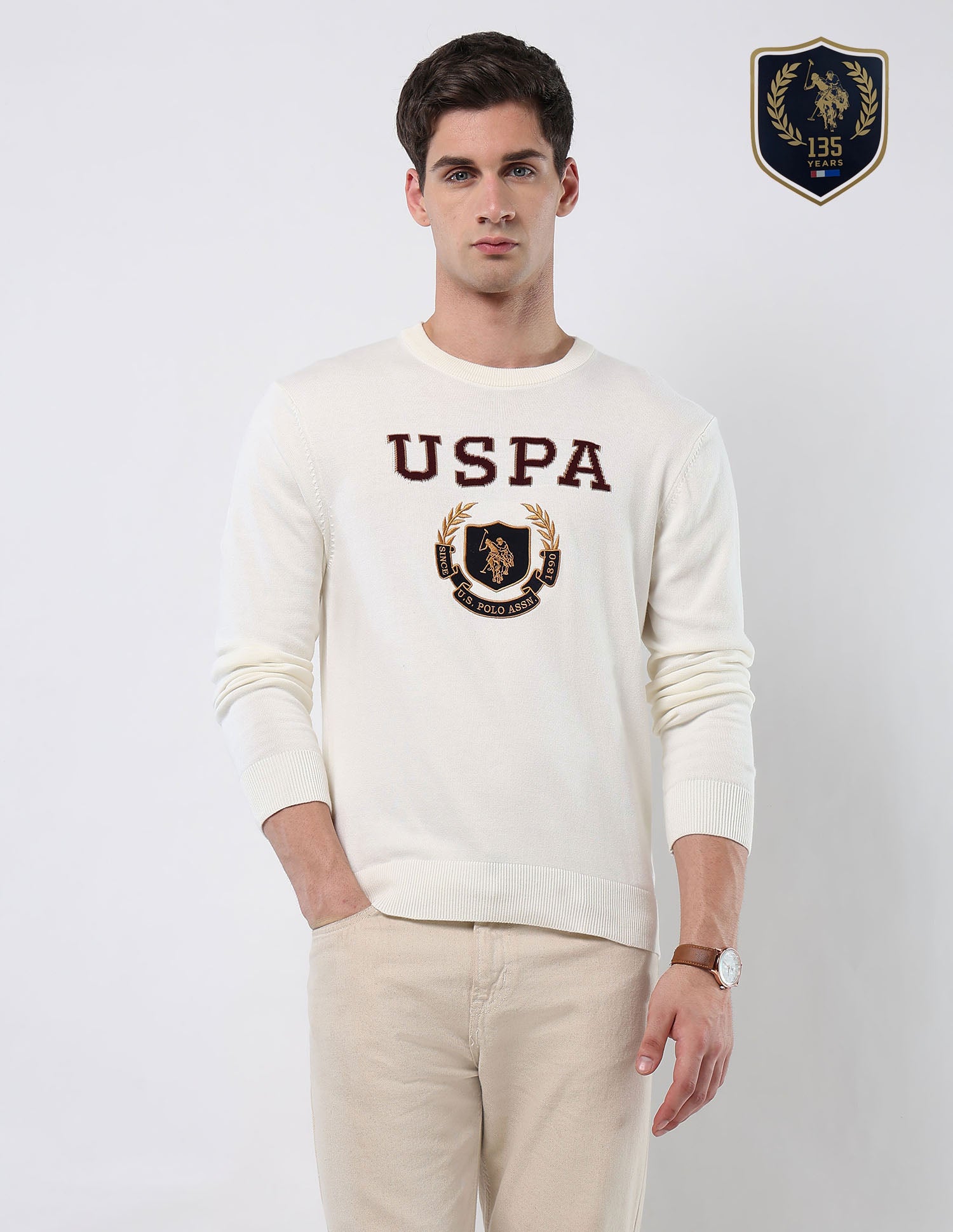 Brand Embroidered Patterned Knit Sweater