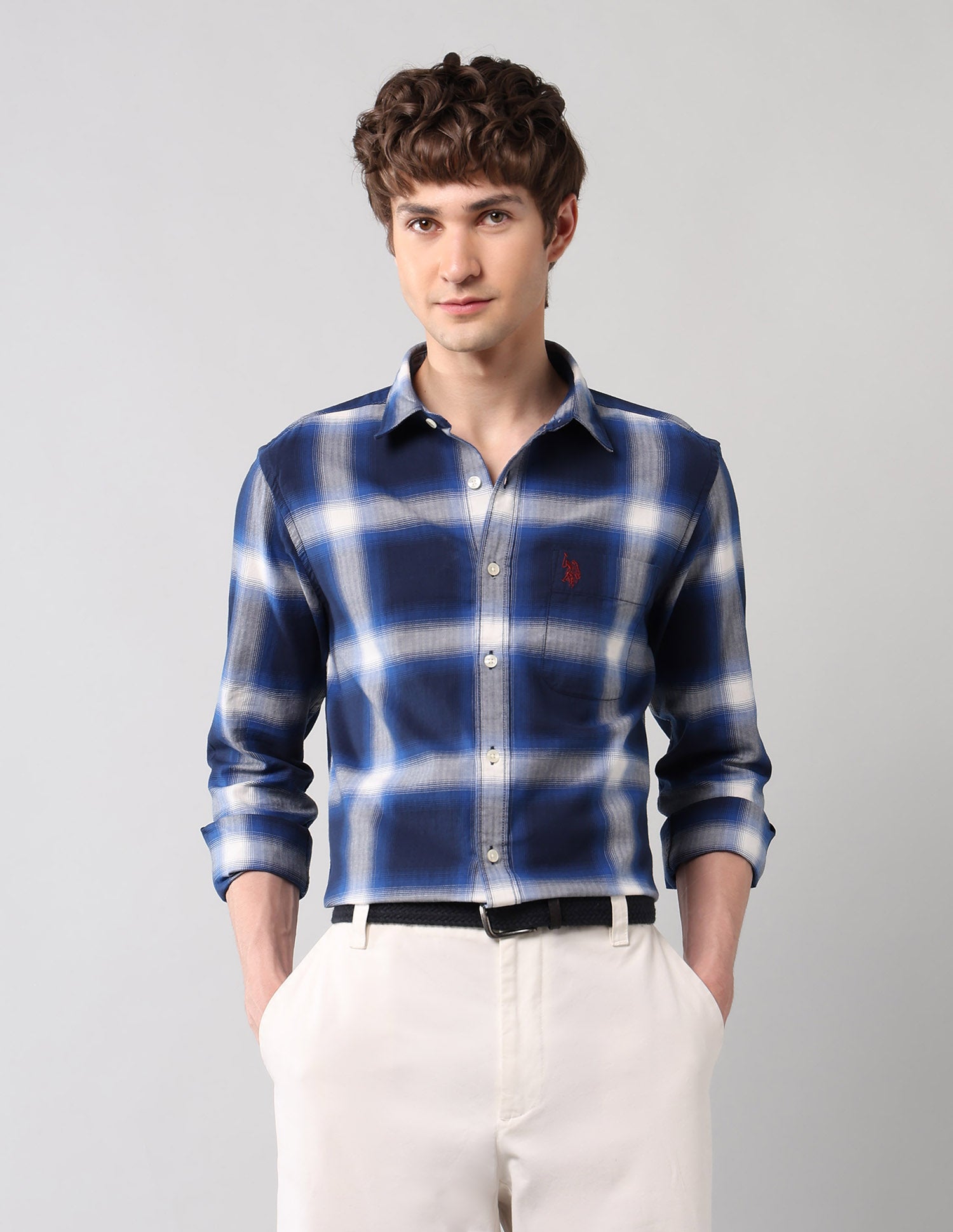 Windowpane Checked Pure Cotton Shirt Navy - U.S. Polo Assn. India | Large