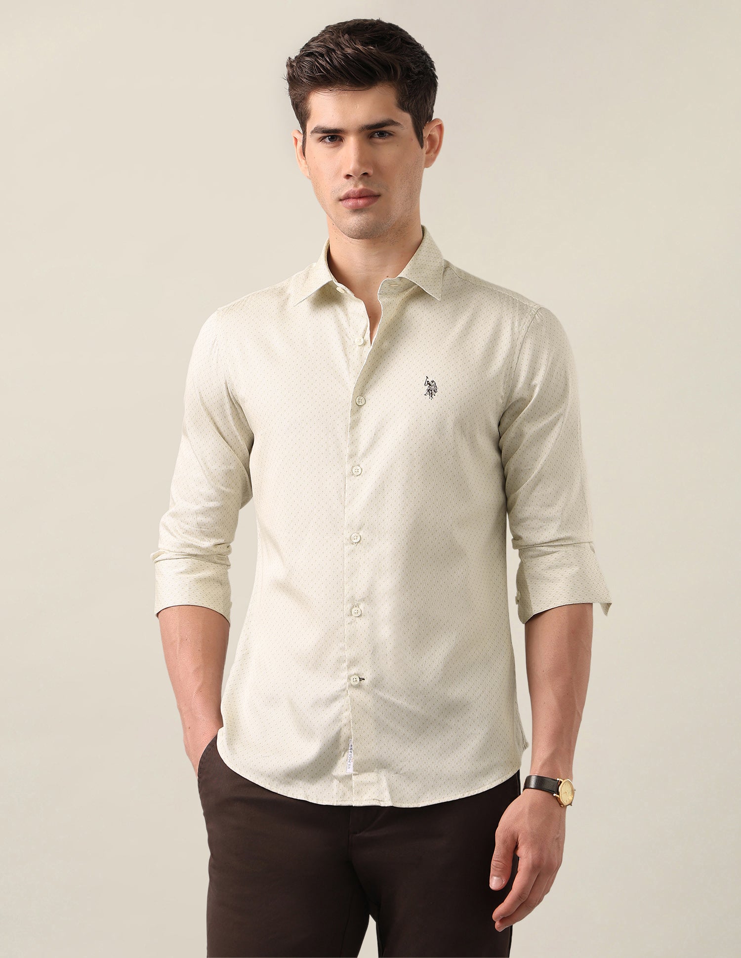 Geometric Printed Satin Shirt Beige - U.S. Polo Assn. India | Large