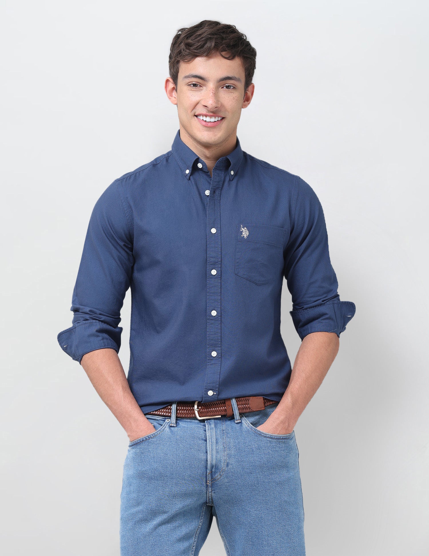 Tailored Fit Oxford Button Down Shirt Blue - U.S. Polo Assn. India | Large