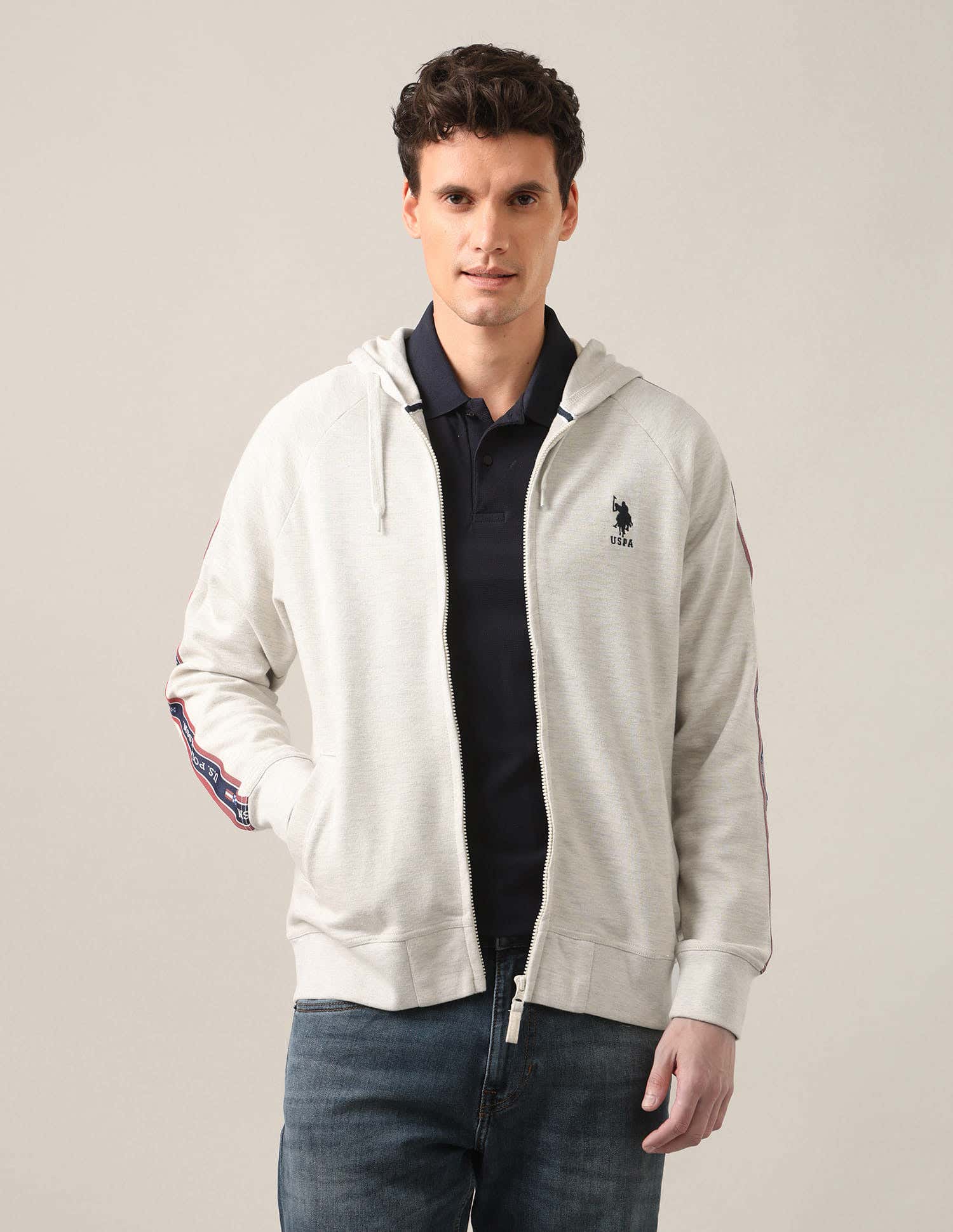 Hooded Zip Up Heathered Sweatshirt Ecru - U.S. Polo Assn. India | Large