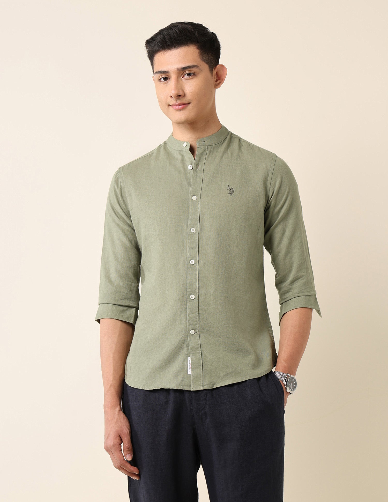 Tailored Fit Mandarin Shirt Light Olive - U.S. Polo Assn. India | Large
