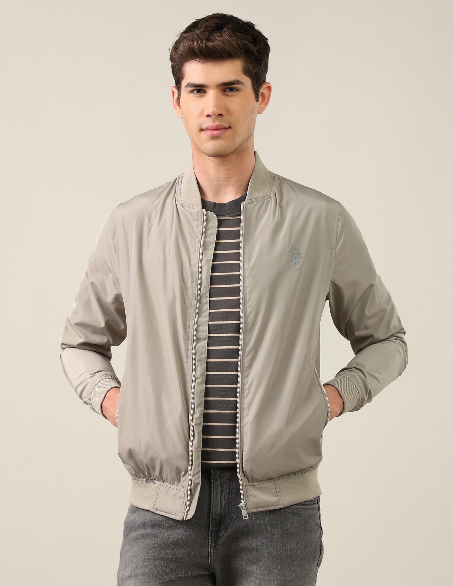 Solid Stand Collar Bomber Jacket Stone - U.S. Polo Assn. India | Large