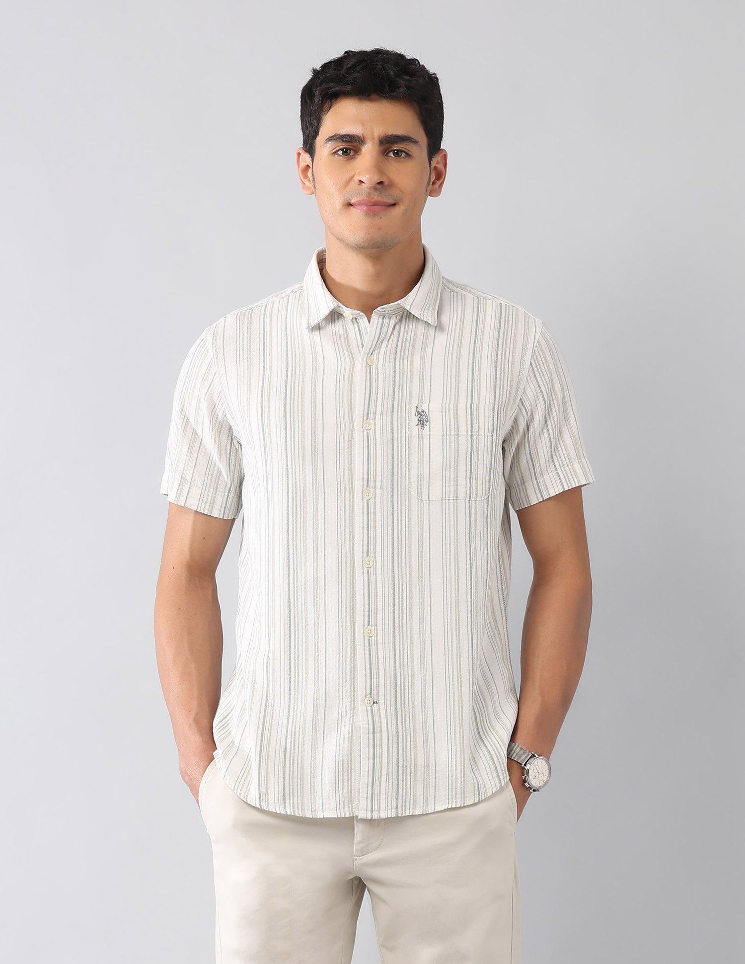 Vertical Striped Seersucker Regular Fit Shirt Olive - U.S. Polo Assn. India | Large
